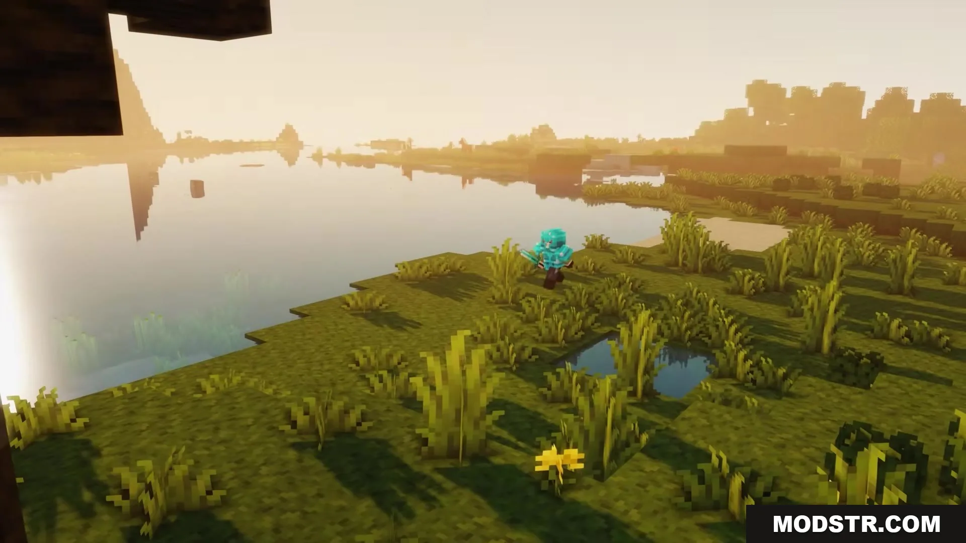 Scroll Walk Mod Screenshot 5 A player wearing diamond armor walks along a scenic lake during a sunset