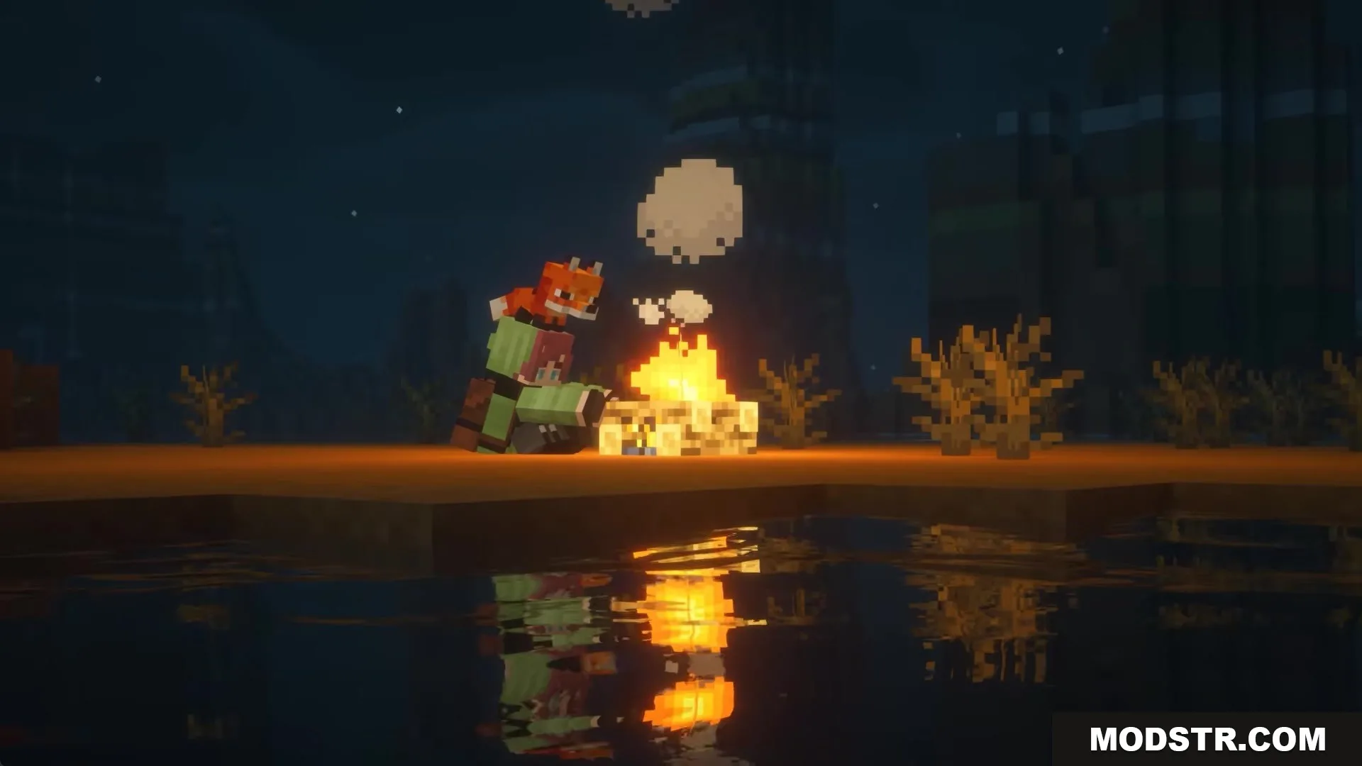 Scroll Walk Mod Screenshot 1 Minecraft character sitting by a campfire at night with a pet fox