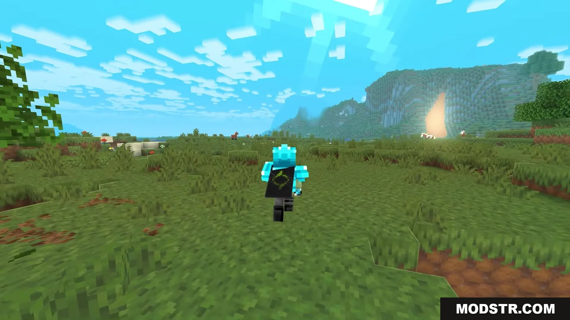 Scroll Walk Mod Screenshot 3 A player character with a cape runs across a wide green field