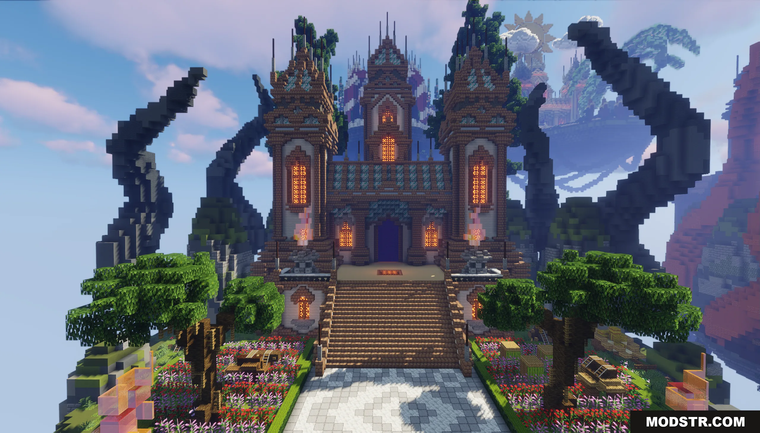 A majestic building on a floating island surrounded by lush gardens and trees