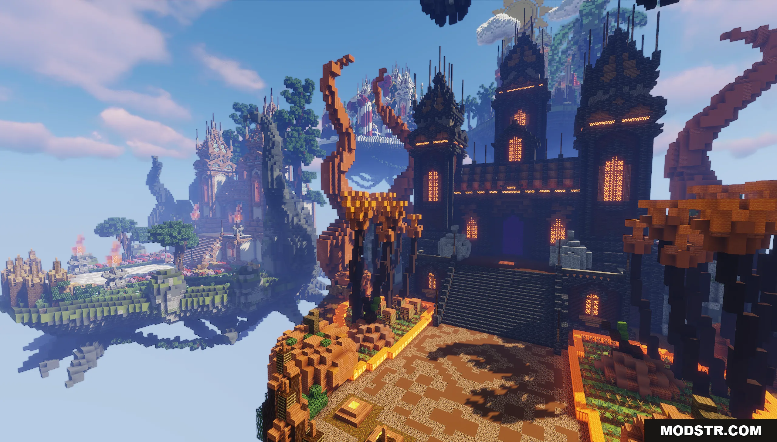 Dark autumn themed lobby with glowing windows and floating islands in the sky