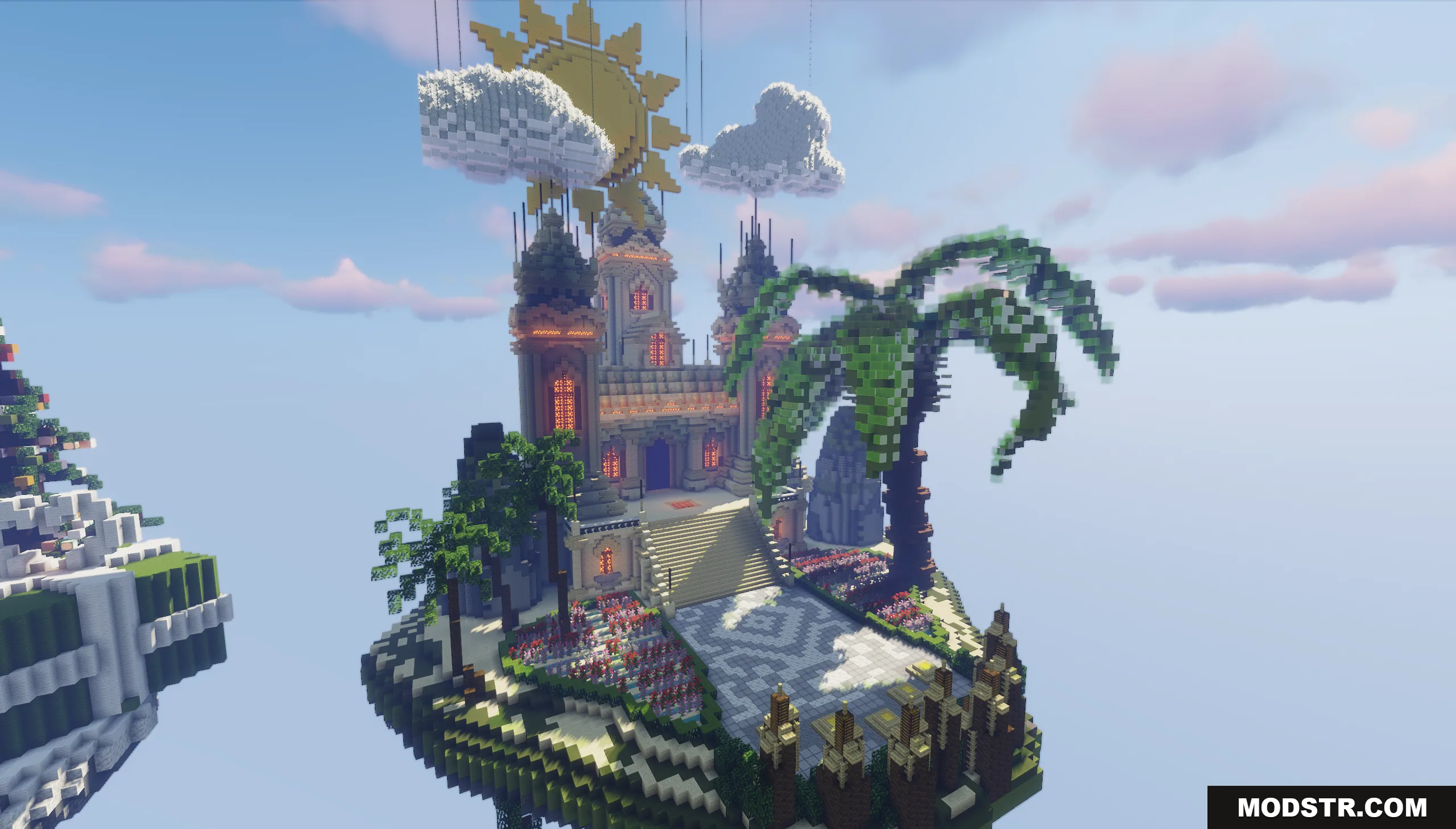 Bright summer castle with a palm tree on a floating Minecraft island