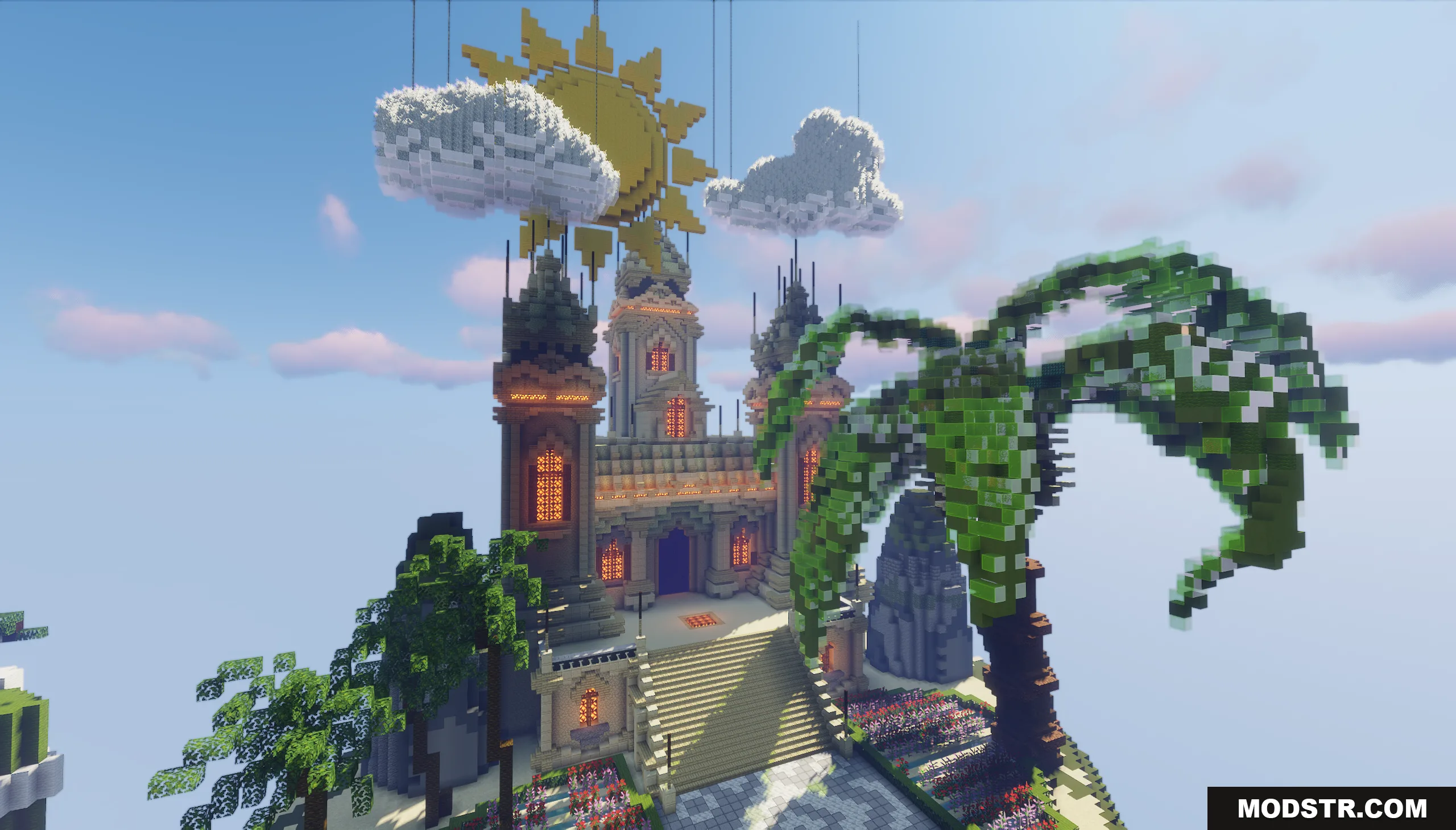 Bright summer themed lobby featuring a large sun and a palm tree