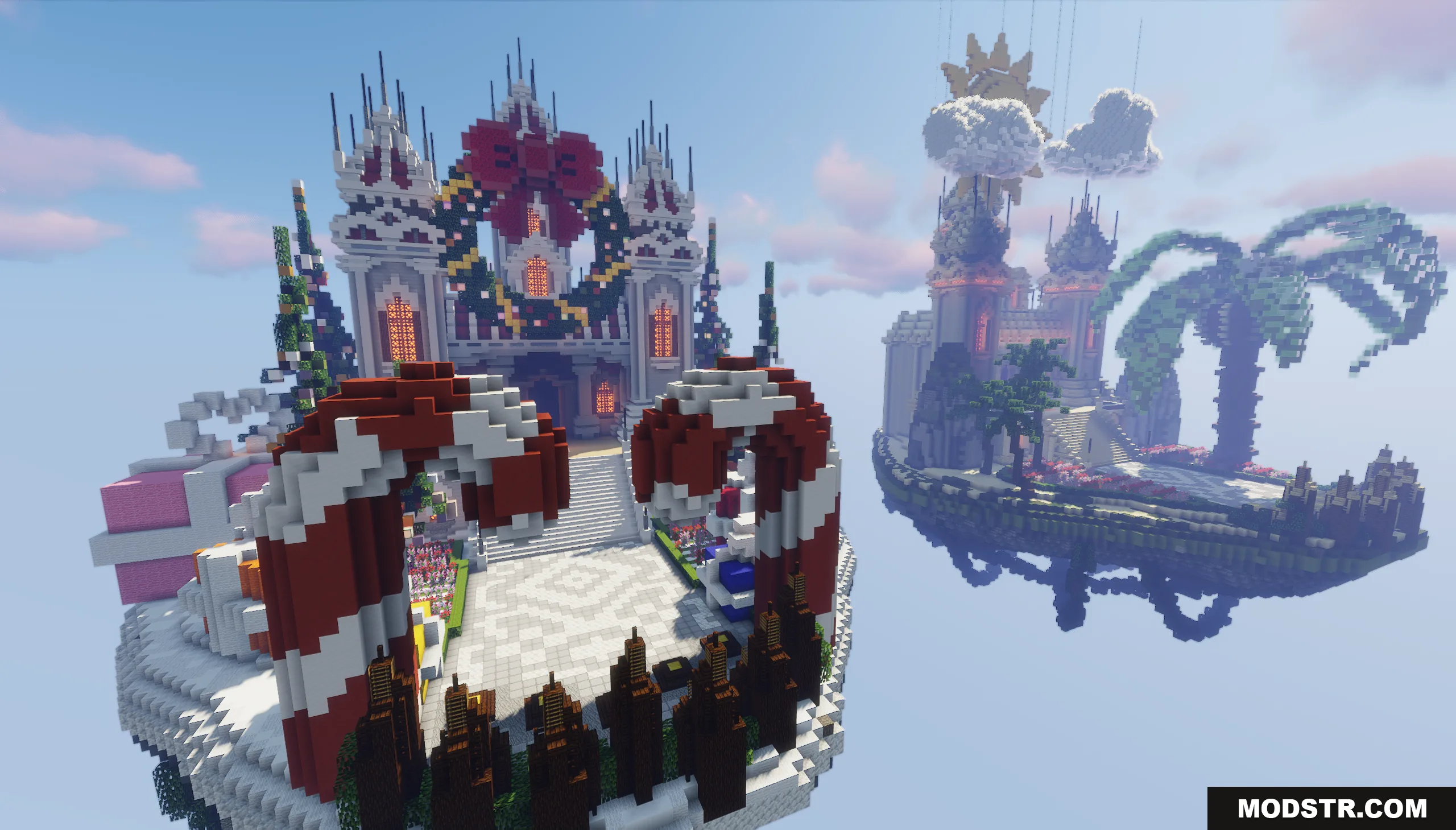 Floating islands in Minecraft decorated with giant candy canes and a festive building
