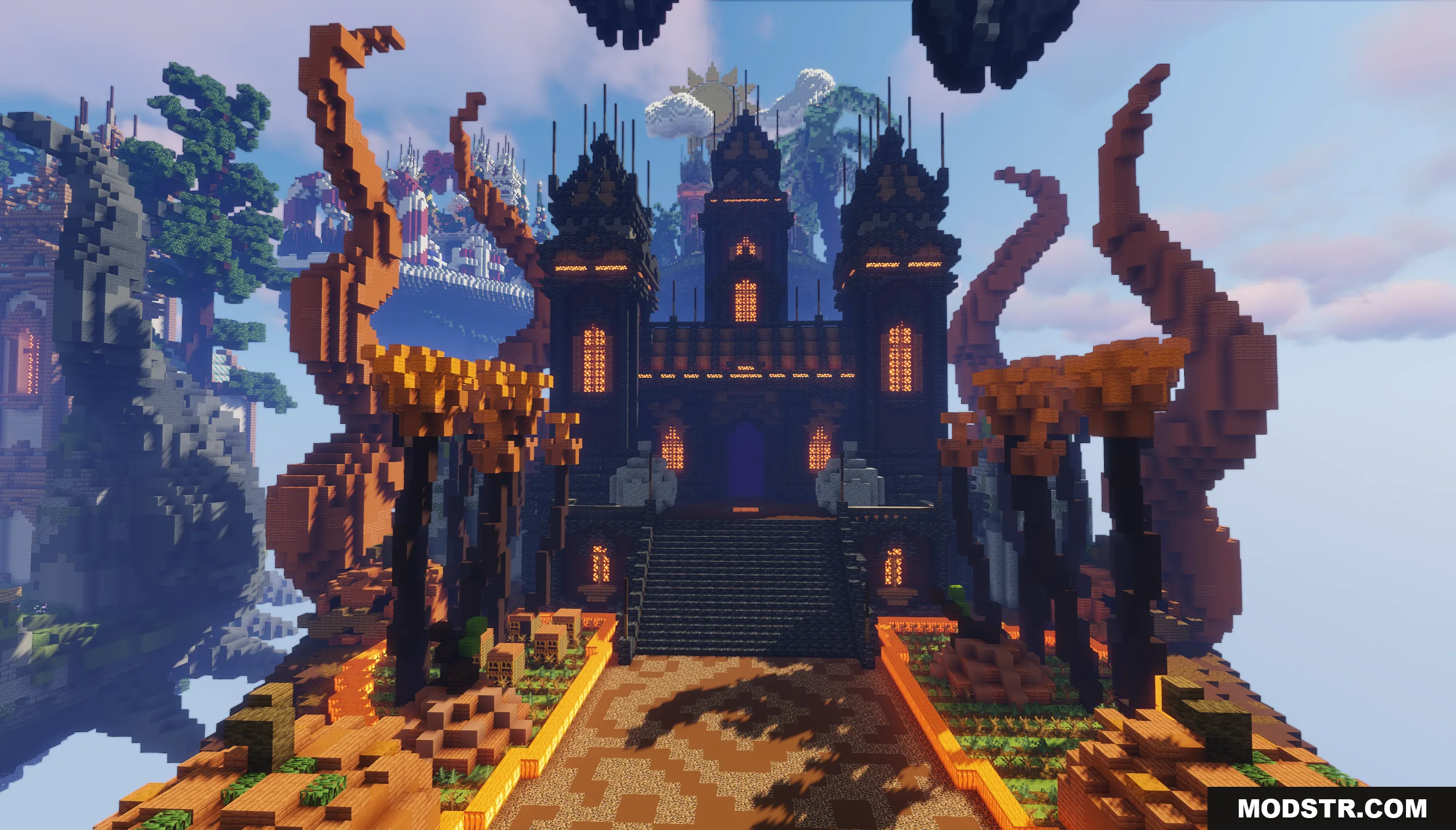 Dark gothic castle with orange tentacles on a floating Minecraft island