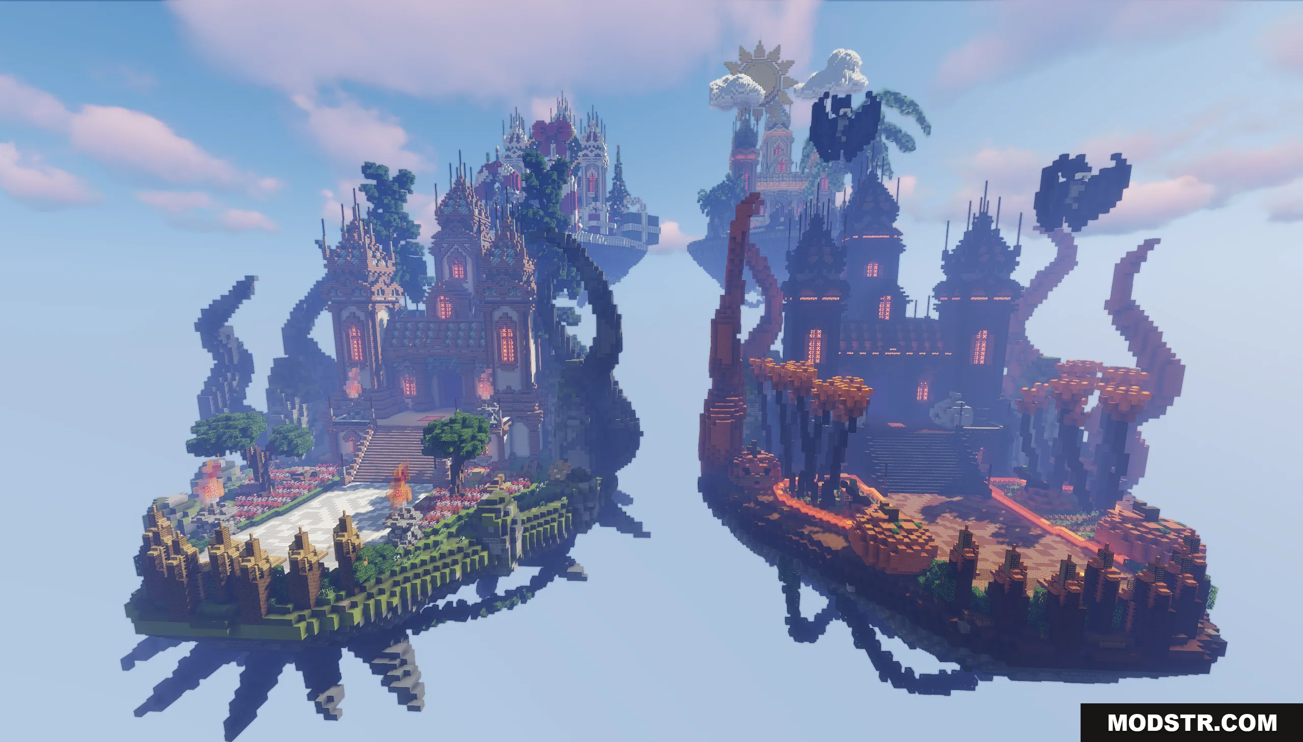 Two grand floating islands from the Seasonal Lobbies Map with contrasting themes