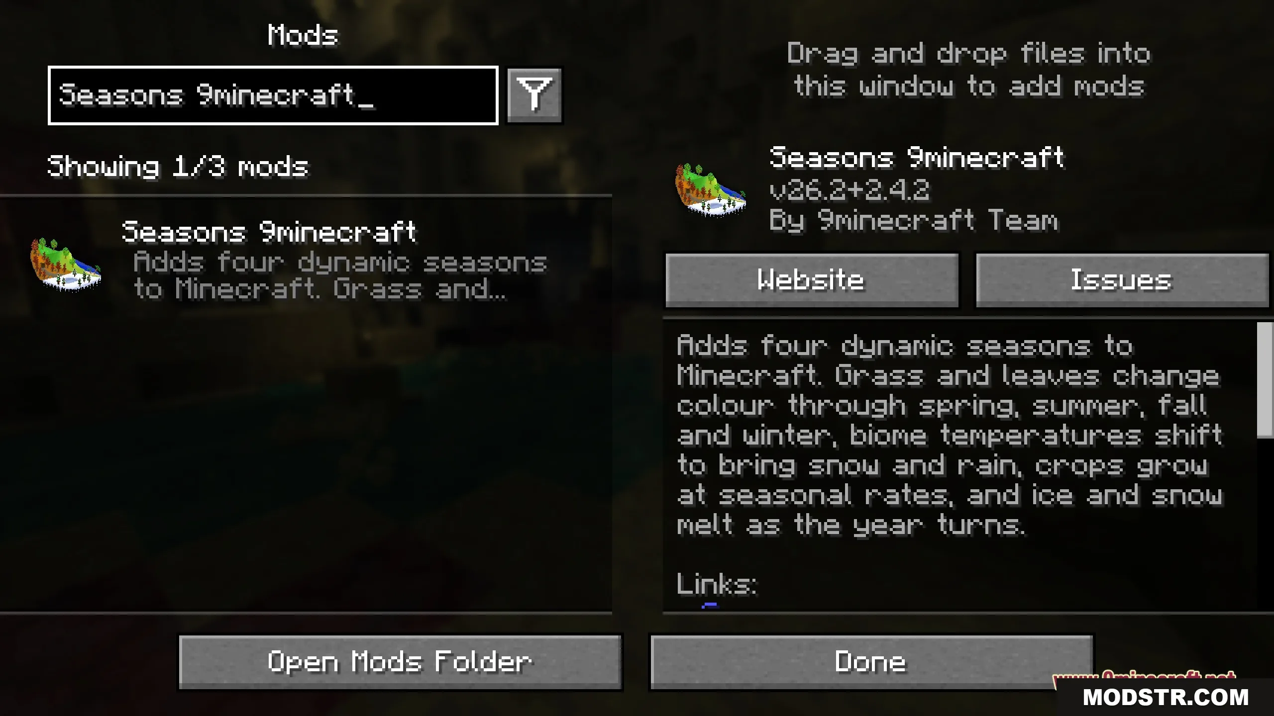 Seasons 9minecraft Mod Screenshot 1 The mod menu interface displays details and features for the Seasons mod