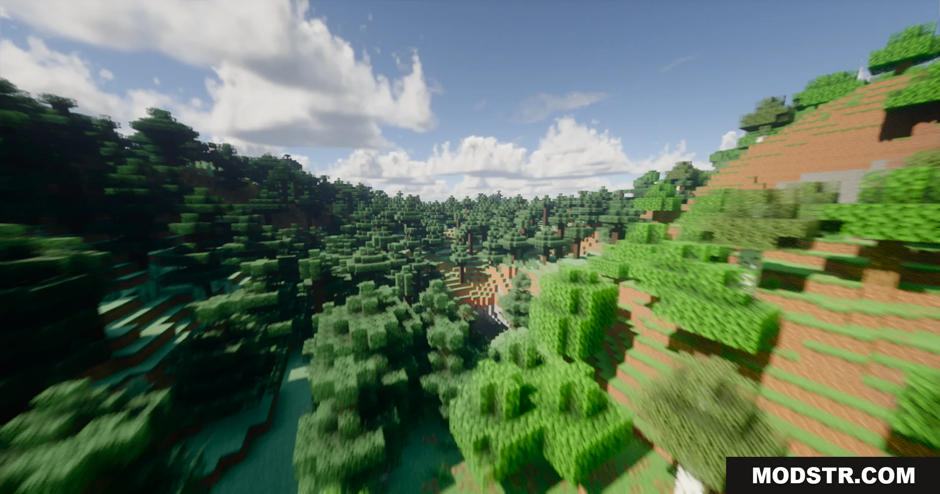 Serendipity Shaders showcases a lush green forest with a radial motion blur effect