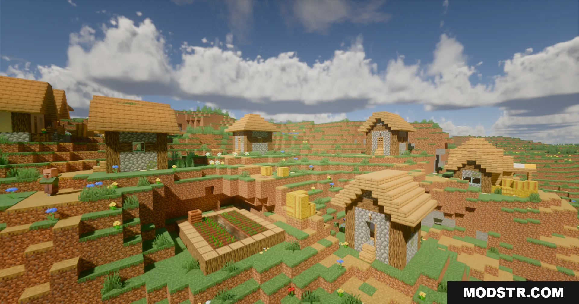 A peaceful Minecraft village on a hill featuring realistic lighting and soft clouds