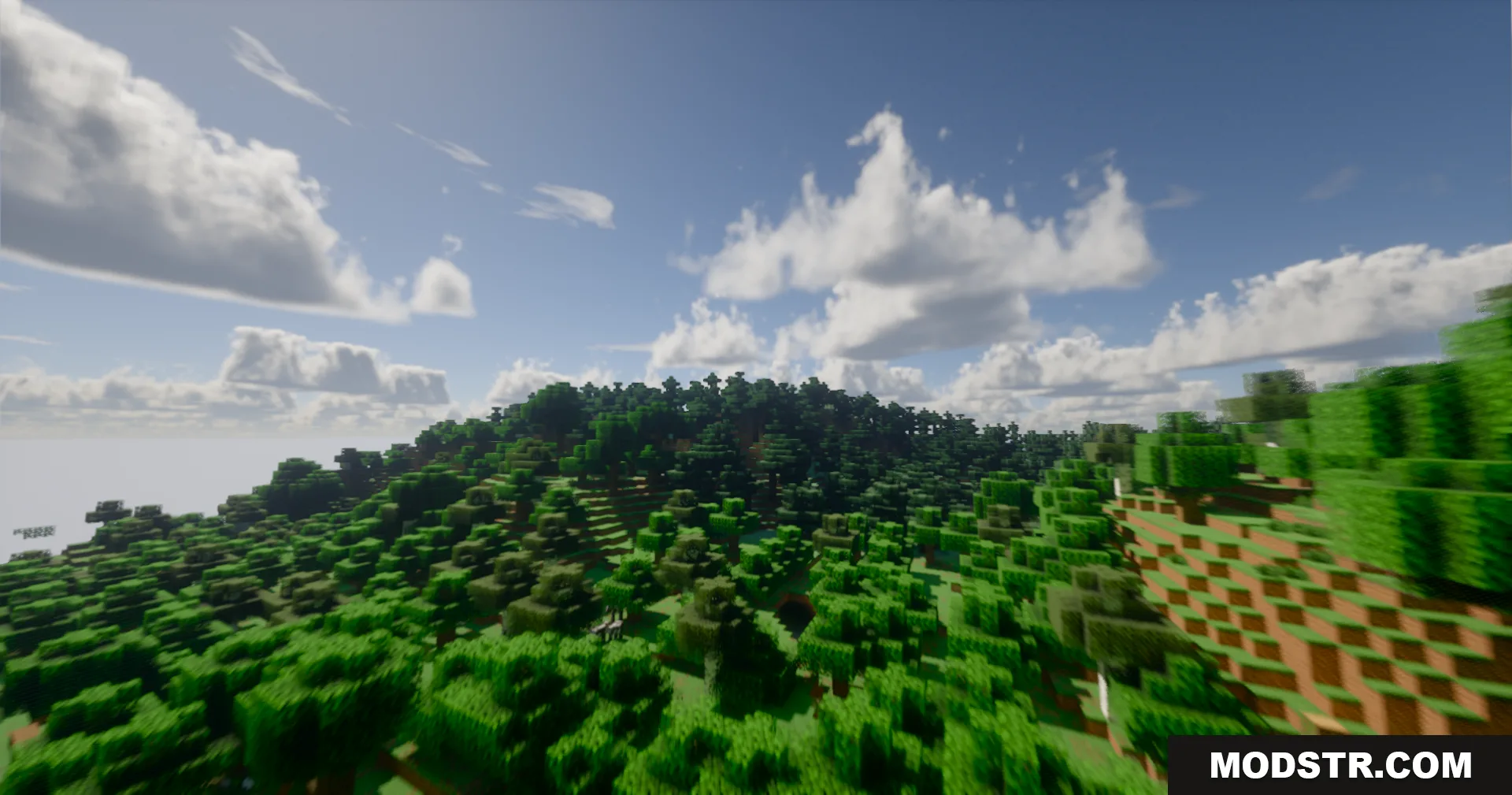 Vibrant green hills and trees under a bright sky with realistic shaders