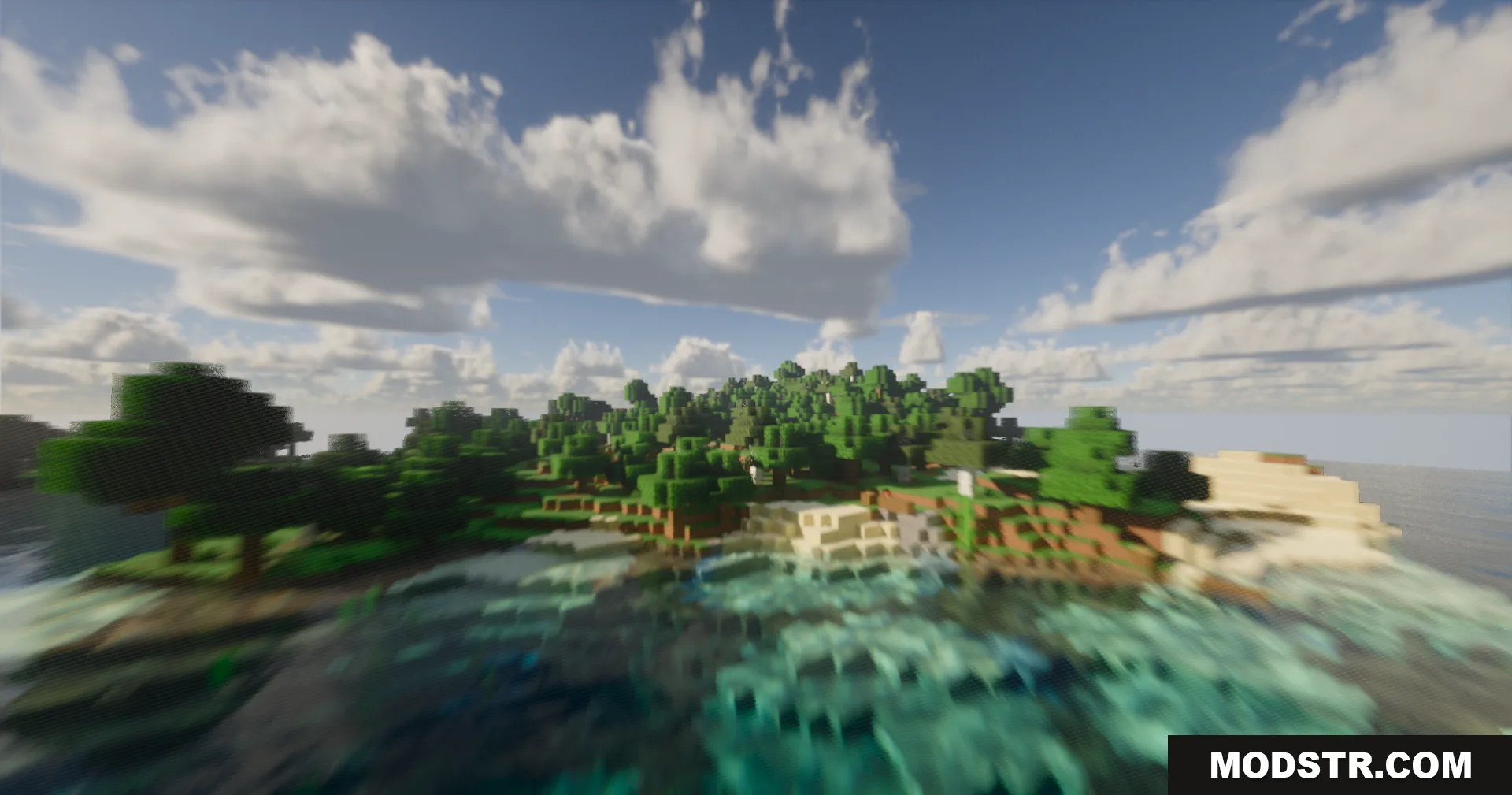 Tropical island surrounded by clear water with a radial motion blur effect