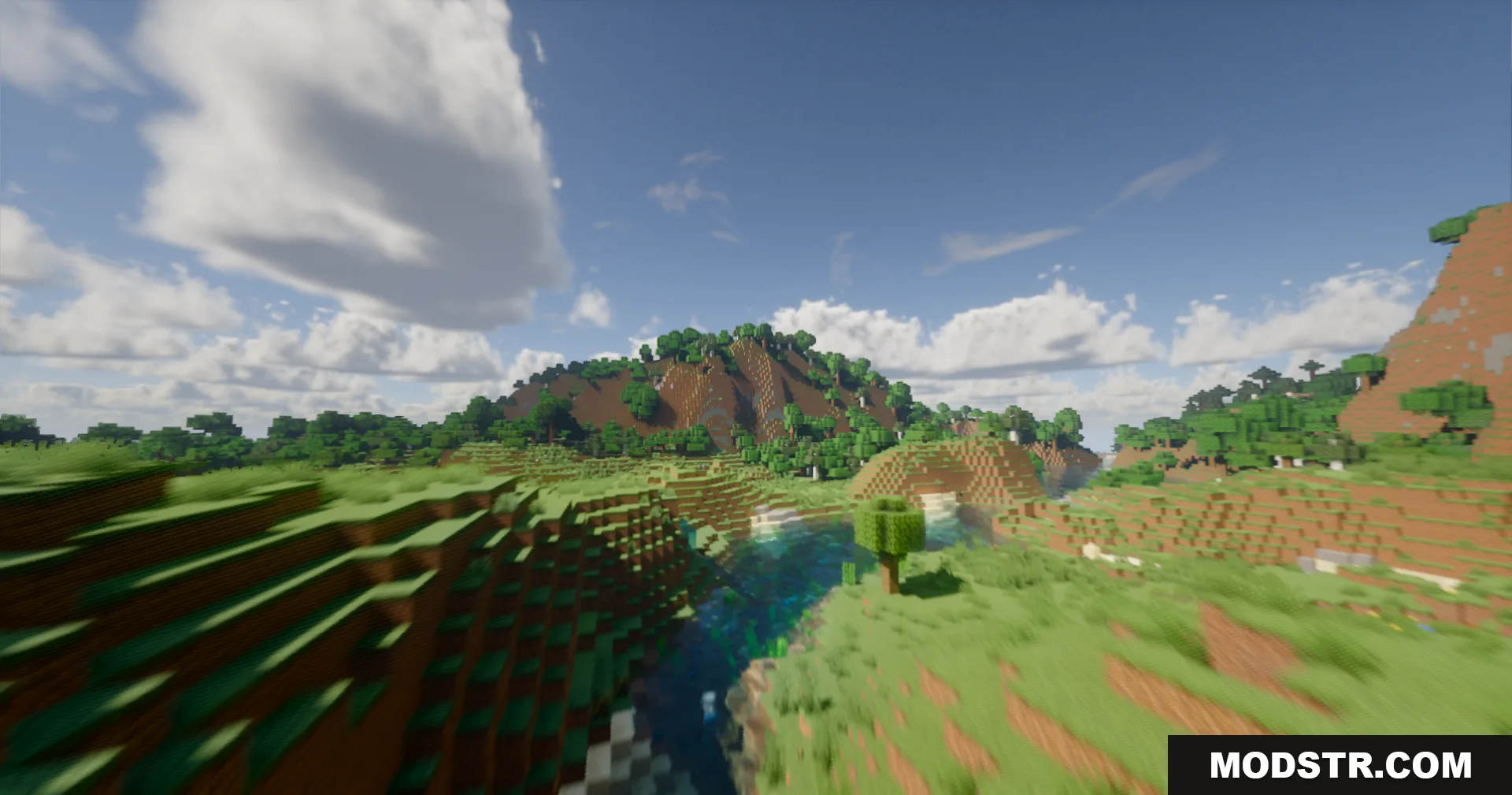 A winding river with realistic water reflections flows through a lush green valley