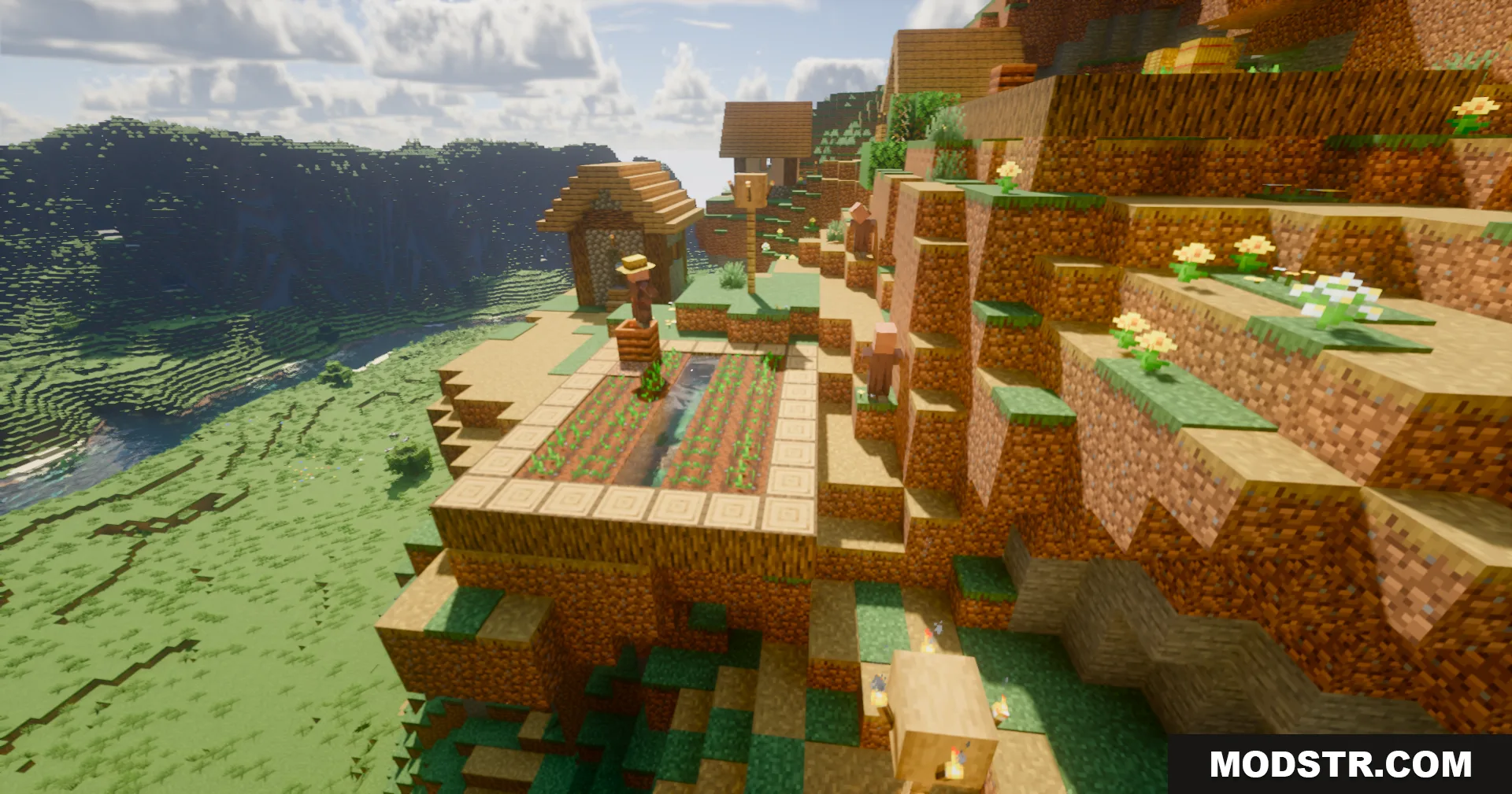 A villager tending a farm on a cliff overlooking a scenic valley