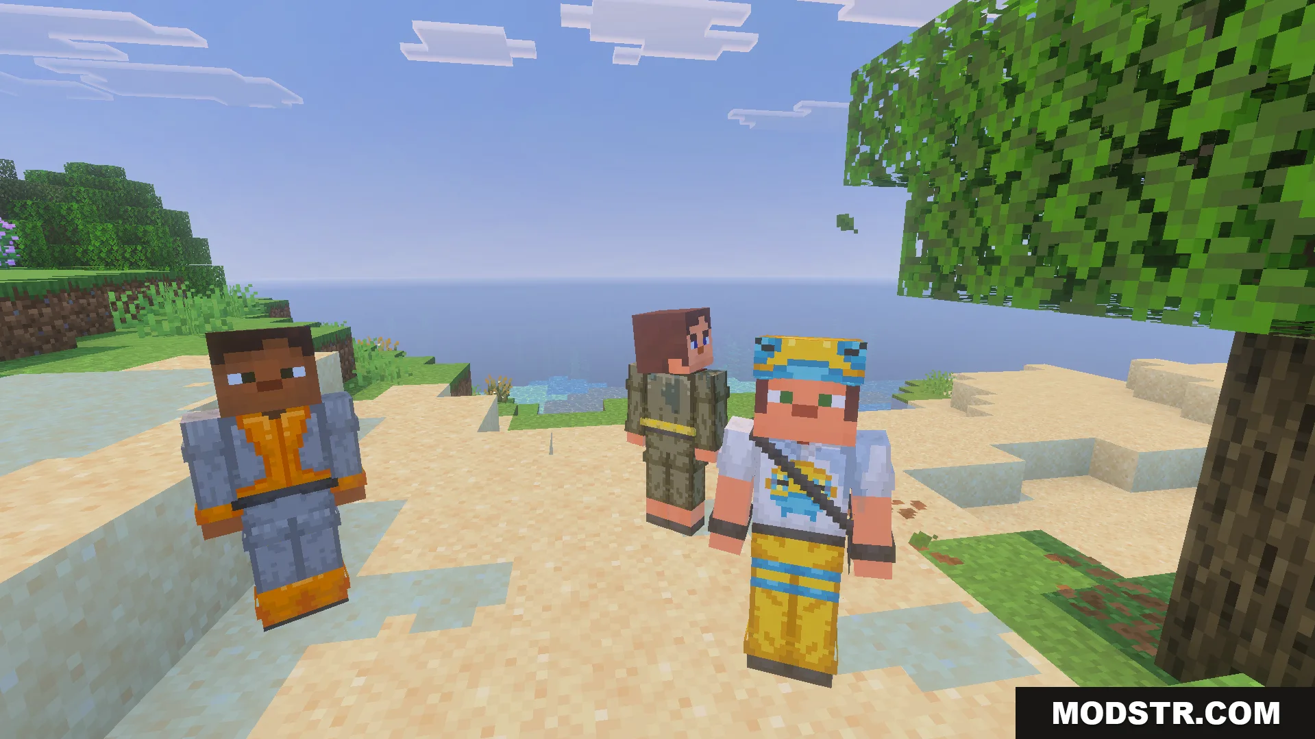 Three players wearing custom trainer skins standing on a beach in Minecraft