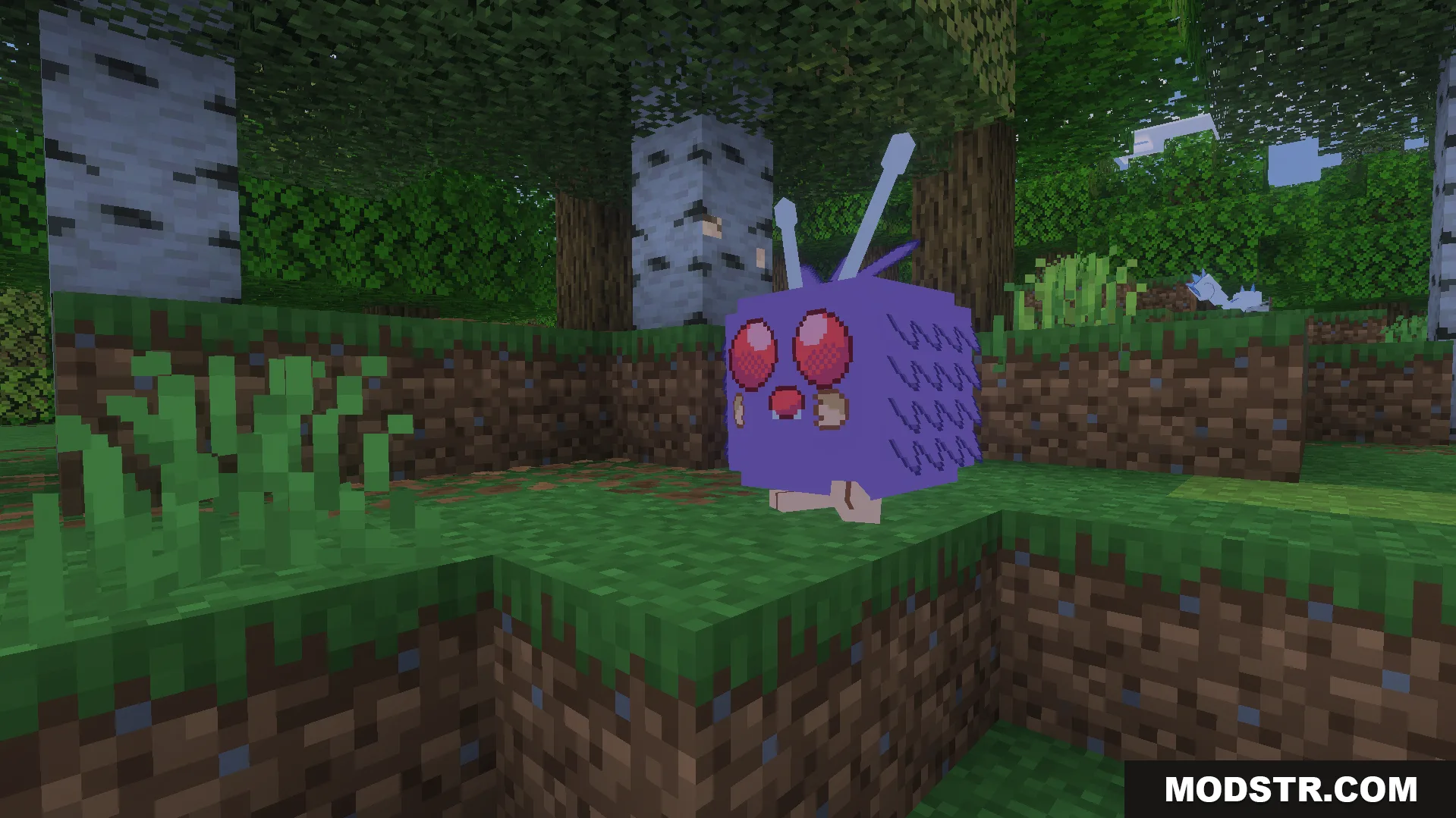 A detailed Venonat model standing on grass in a birch forest environment