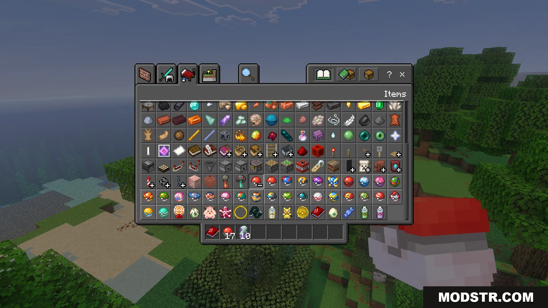 Minecraft creative inventory items tab displaying various custom Pokeballs and Mega Stones