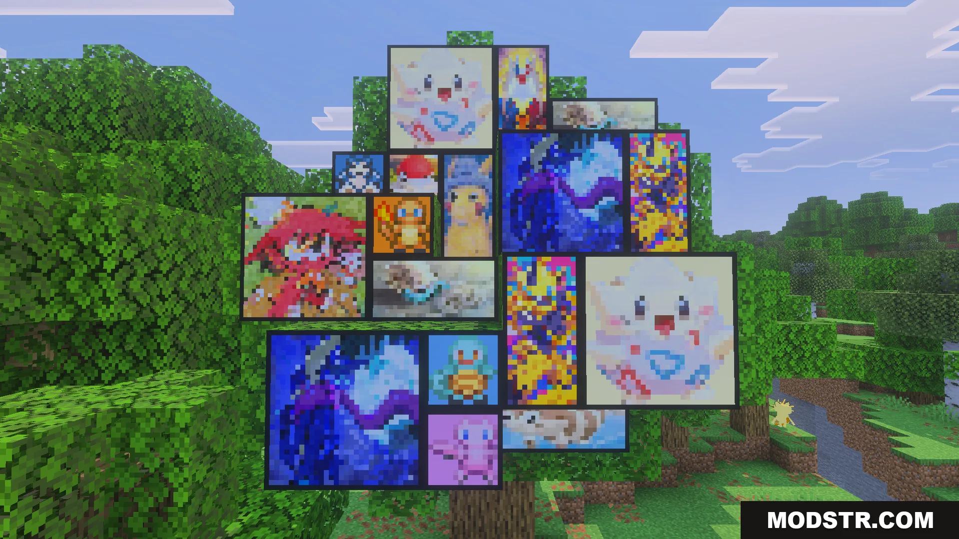 Multiple custom pixel art paintings of Pokemon attached to a leafy tree