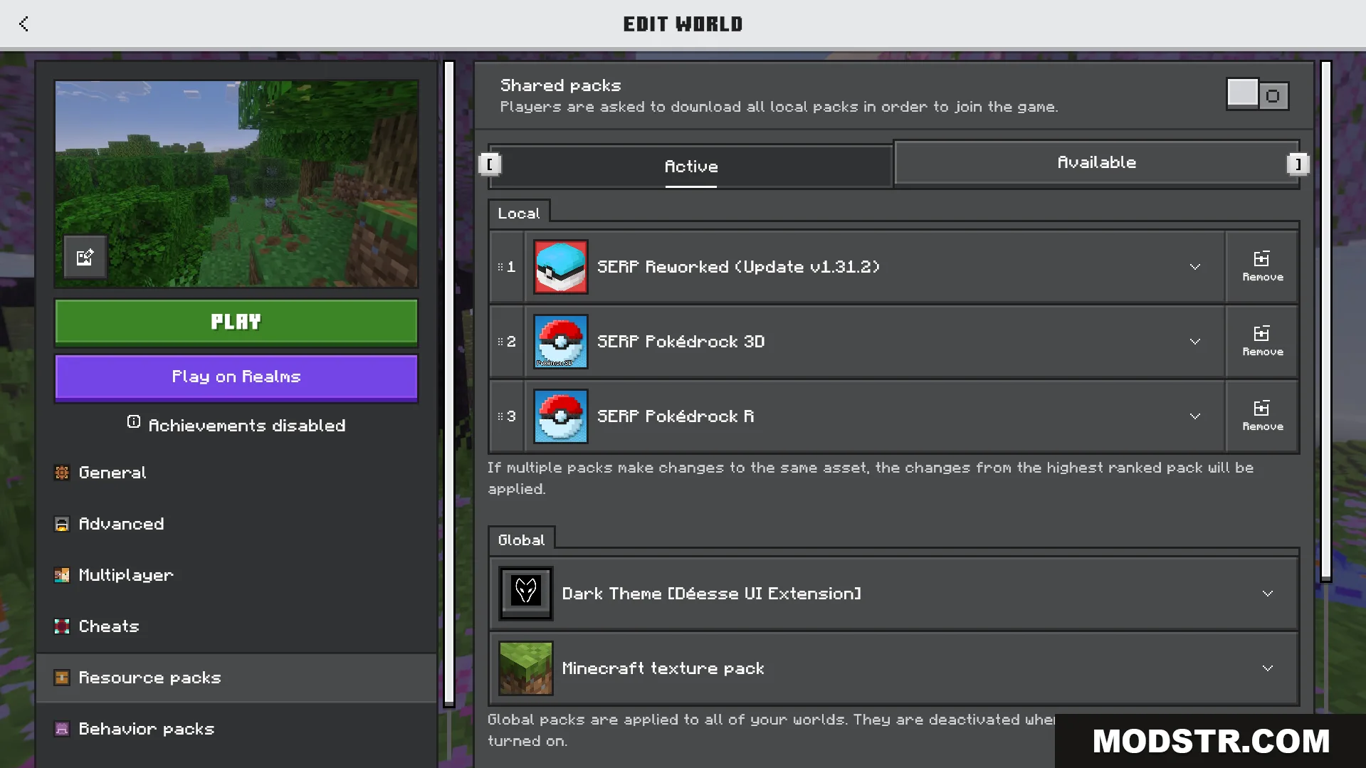 Minecraft edit world screen showing active SERP Reworked and Pokedrock resource packs