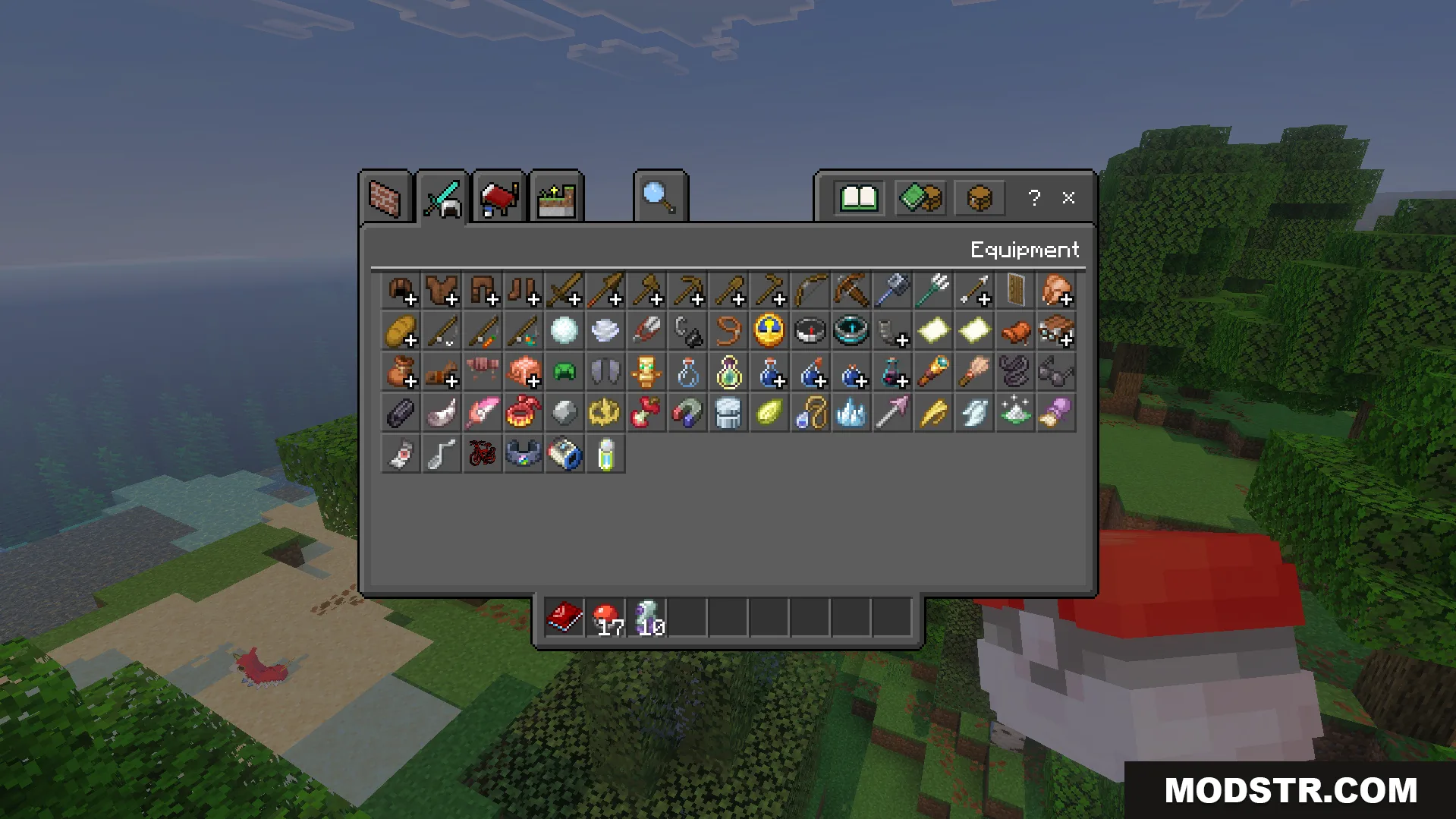 Minecraft creative inventory equipment tab showing custom Pokedrock themed tools and armor