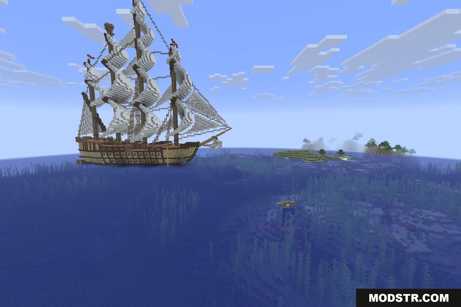 A three-masted frigate riding at anchor far from any shore
