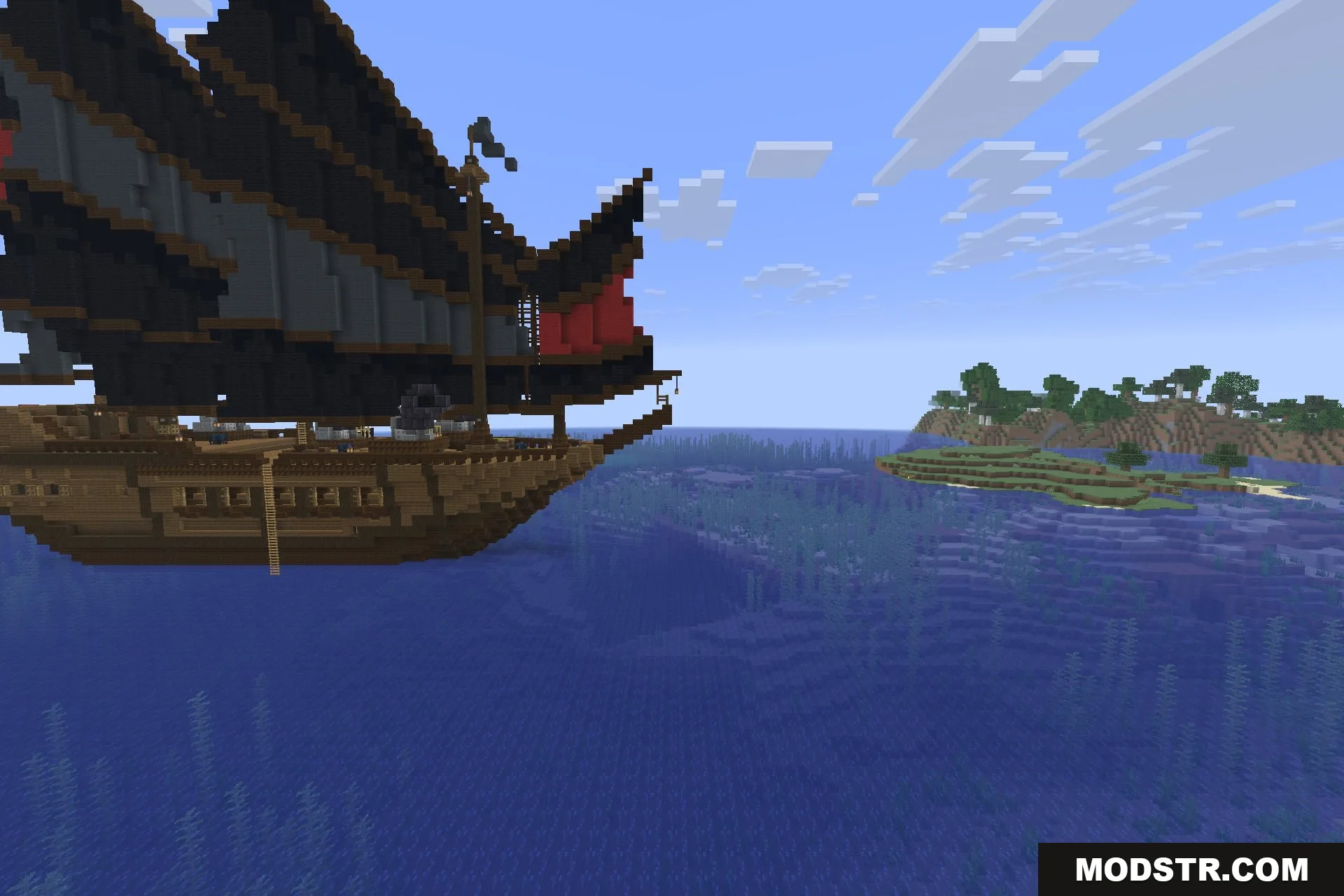A dark junk with red sails drifting near a coastline