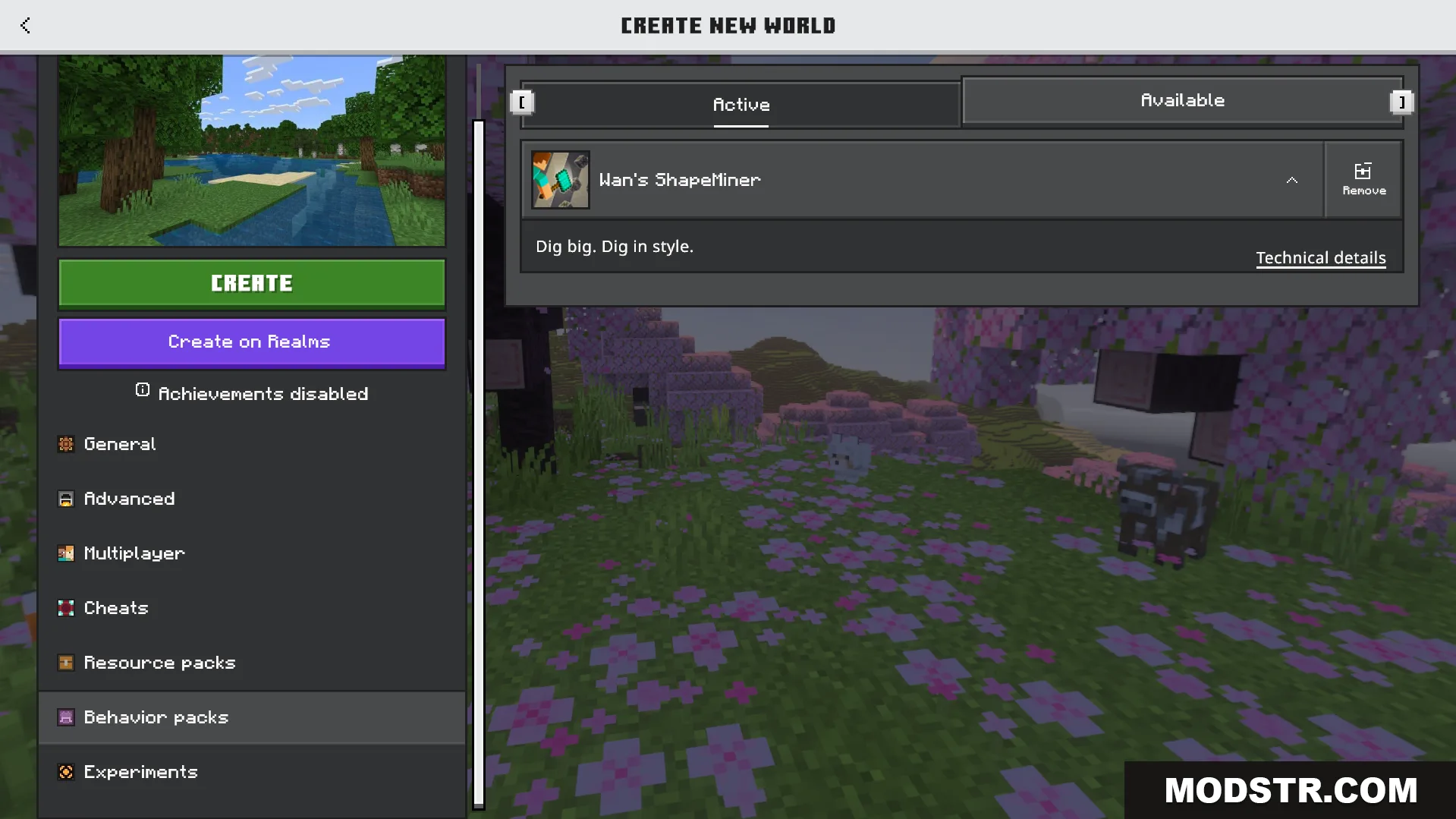 ShapeMiner Addon Screenshot 1 Menu screen showing active behavior pack for digging big in style