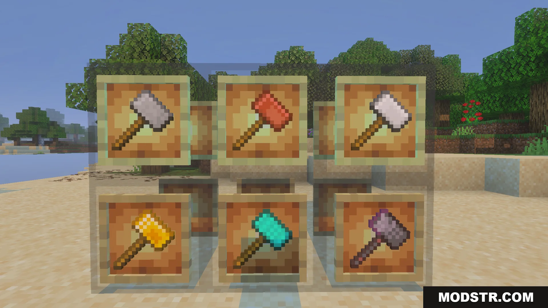 ShapeMiner Addon Screenshot 2 Six different colored hammers displayed in item frames on glass blocks