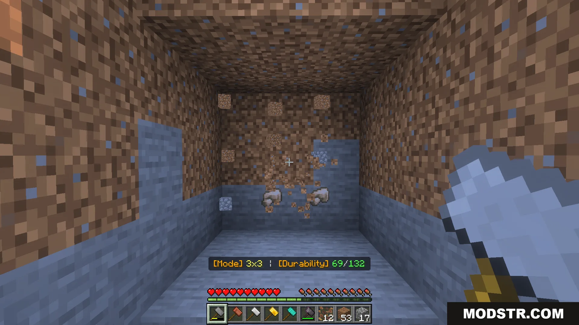ShapeMiner Addon Screenshot 6 Breaking a three by three area of dirt blocks