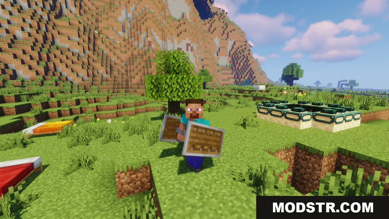 Minecraft player holding two shields down by his sides in a grassy landscape