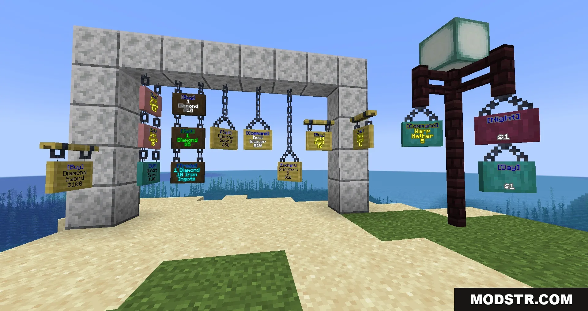 Sign Shop Plugin Screenshot 1 Colorful hanging signs for buying and selling items in a Minecraft market