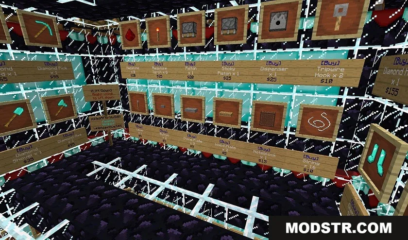 Sign Shop Plugin Screenshot 3 A Minecraft shop interior with item frames and signs for buying various goods