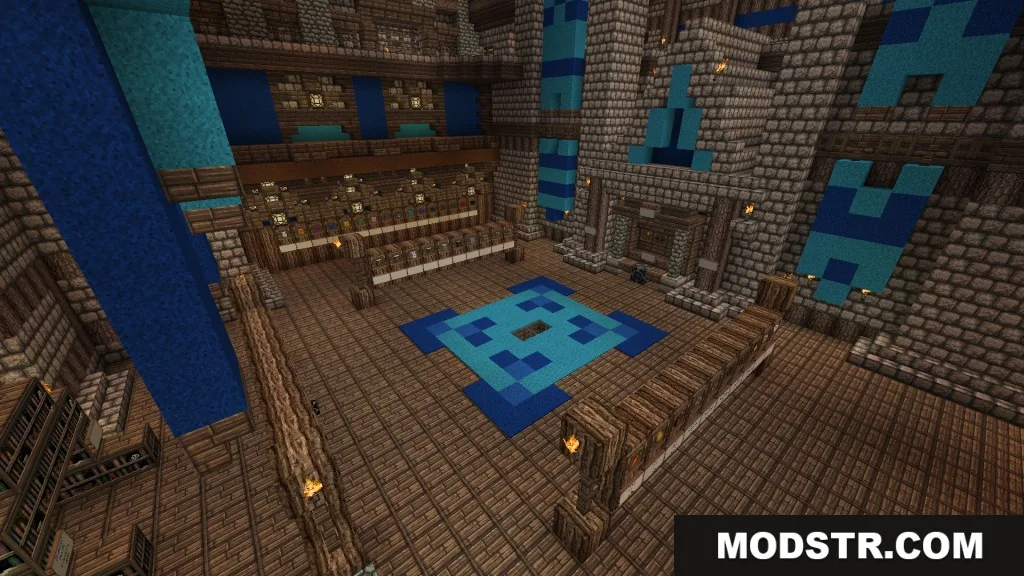 Sign Shop Plugin Screenshot 2 Large Minecraft shop interior with wooden counters and blue wall decorations