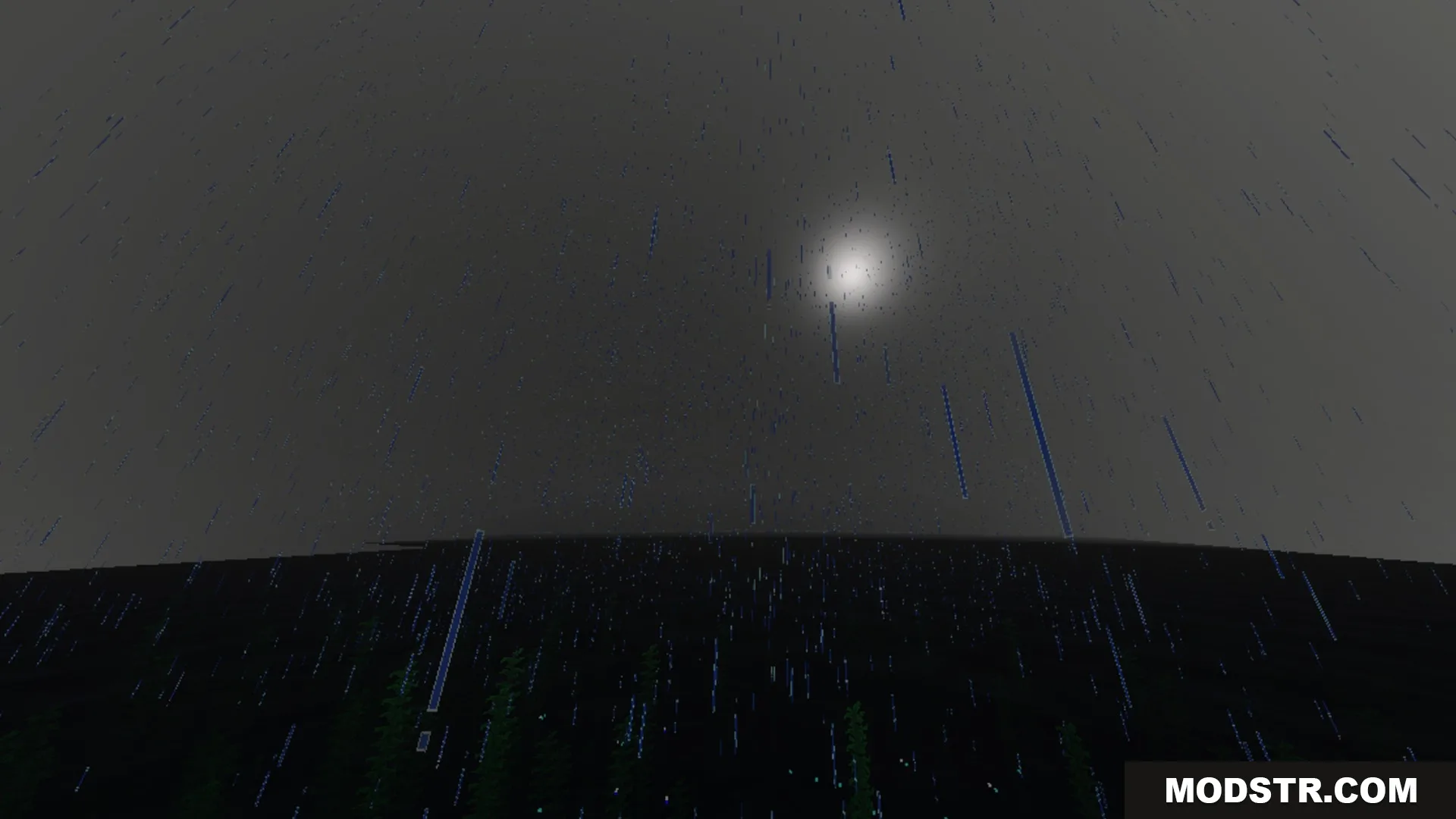 Sildaum Vibrant Shaders Screenshot 10 Rain falling from a dark overcast sky with a dim moon shining through