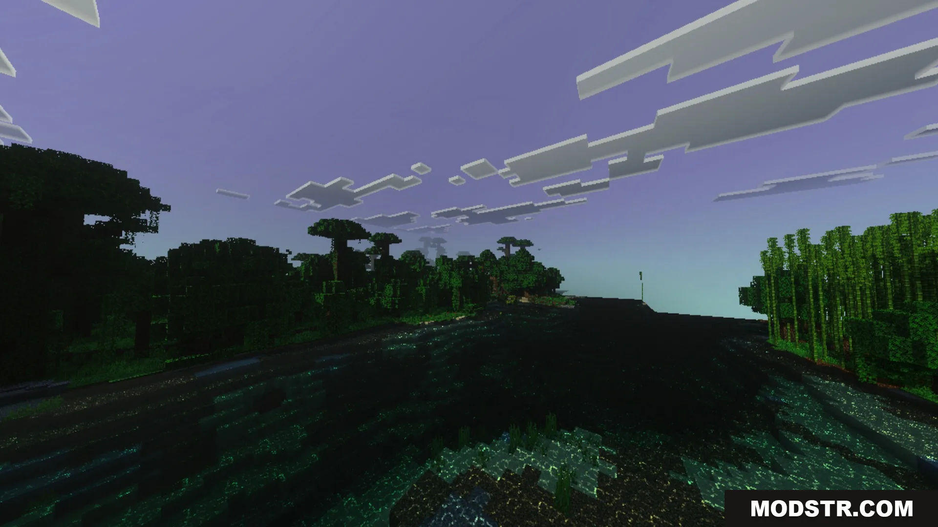 Sildaum Vibrant Shaders Screenshot 1 Lush jungle trees reflecting on dark water under a dim purple evening sky