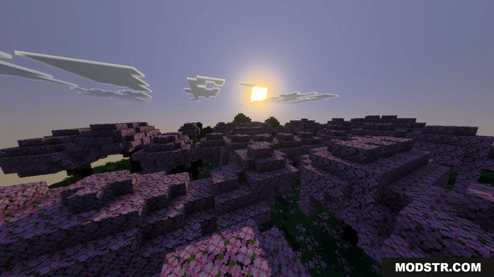 Sildaum Vibrant Shaders Screenshot 2 Pink cherry blossom trees glowing under the warm light of a golden sunset