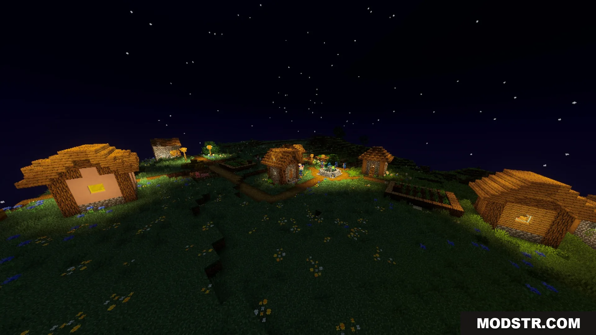 Sildaum Vibrant Shaders Screenshot 4 Cozy village houses illuminated by warm lanterns under a clear starry night sky