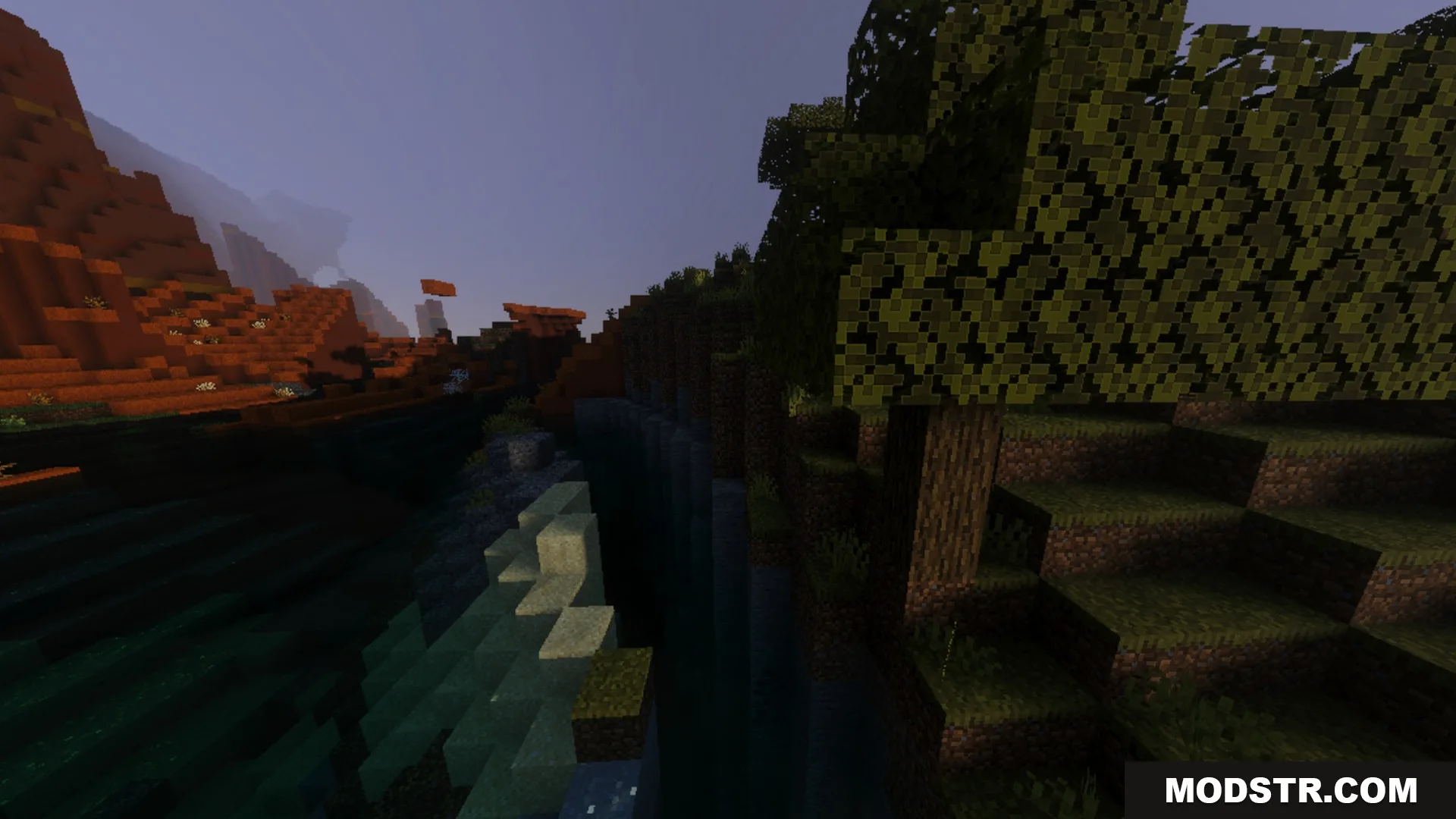 Sildaum Vibrant Shaders Screenshot 9 A scenic river valley between a dark forest and red mesa mountains