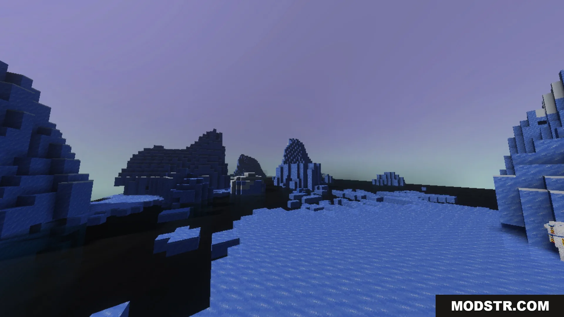 Sildaum Vibrant Shaders Screenshot 3 Towering ice spikes and frozen structures under a vibrant purple twilight sky