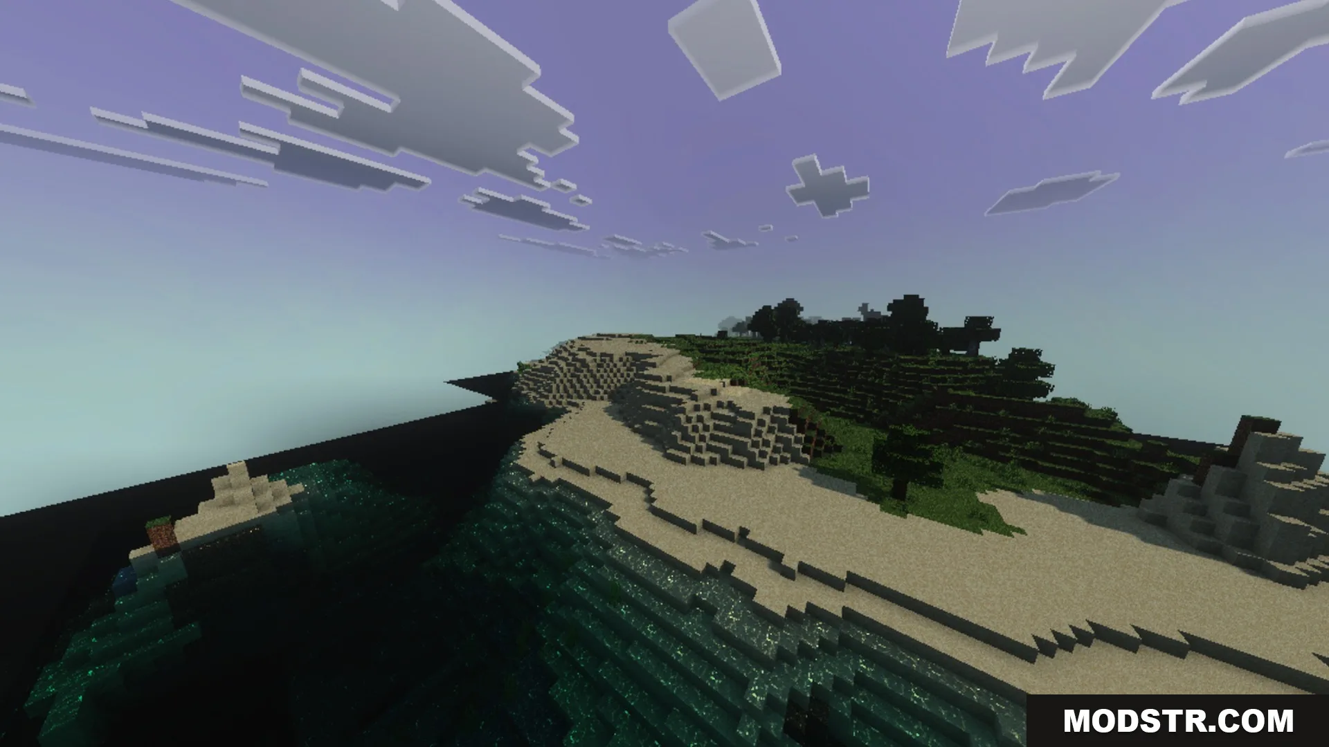 Sildaum Vibrant Shaders Screenshot 7 Sildaum Vibrant shaders enhance a scenic Minecraft coastline with soft purple lighting