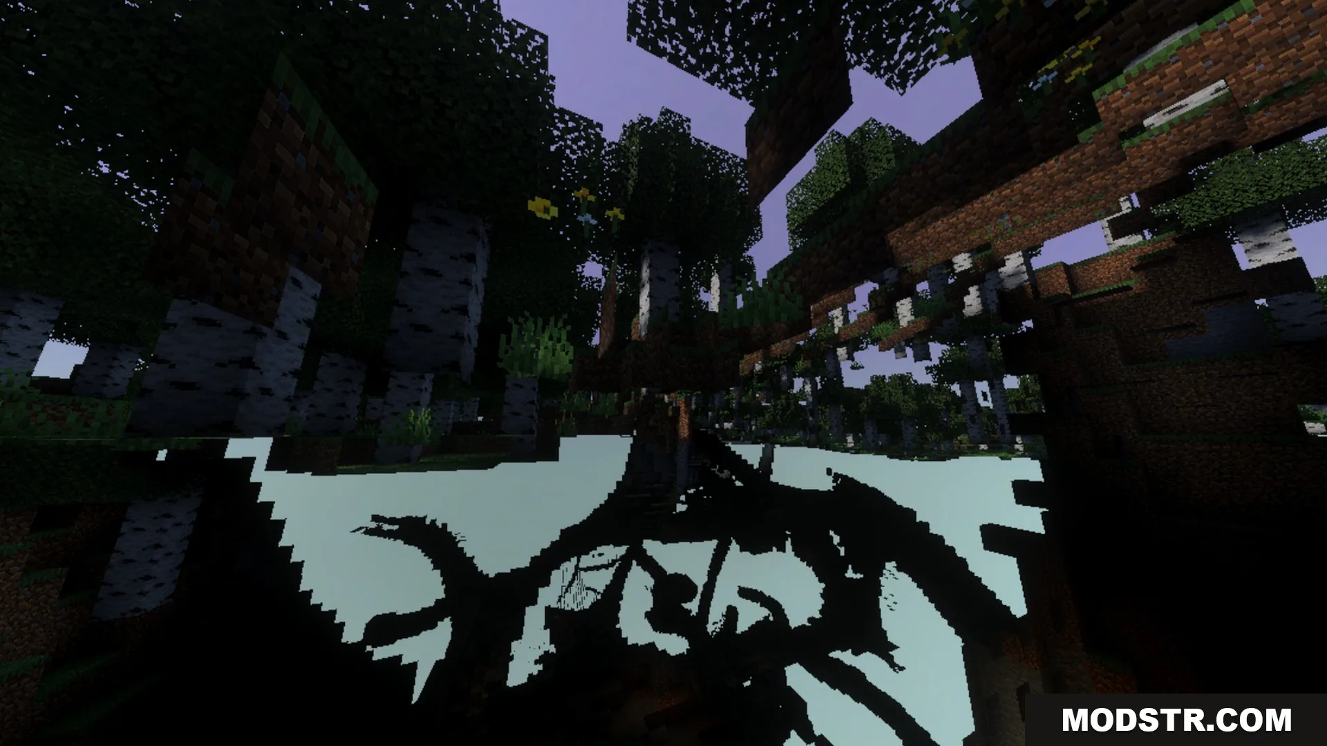 Sildaum Vibrant Shaders Screenshot 8 Dense forest trees casting dark shadows against a bright sky in Minecraft