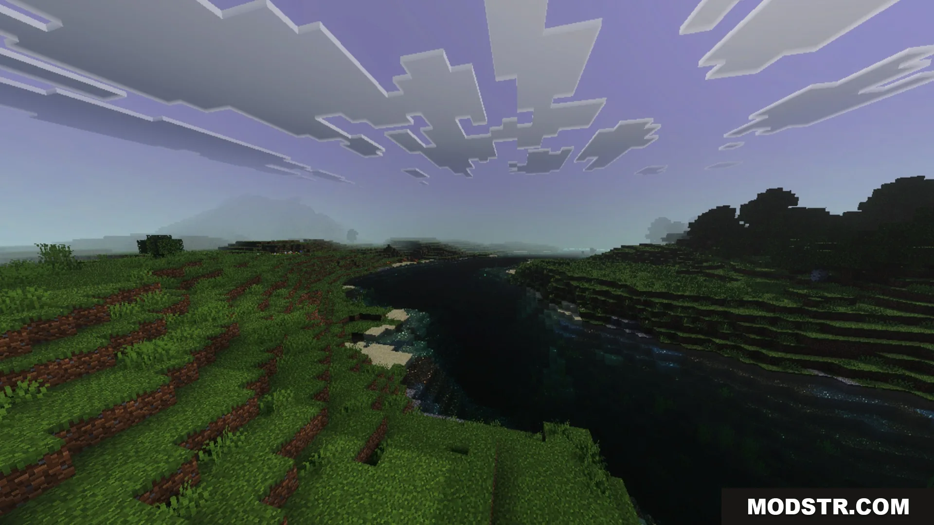Sildaum Vibrant Shaders Screenshot 5 A scenic river flows through a green landscape under a purple sky