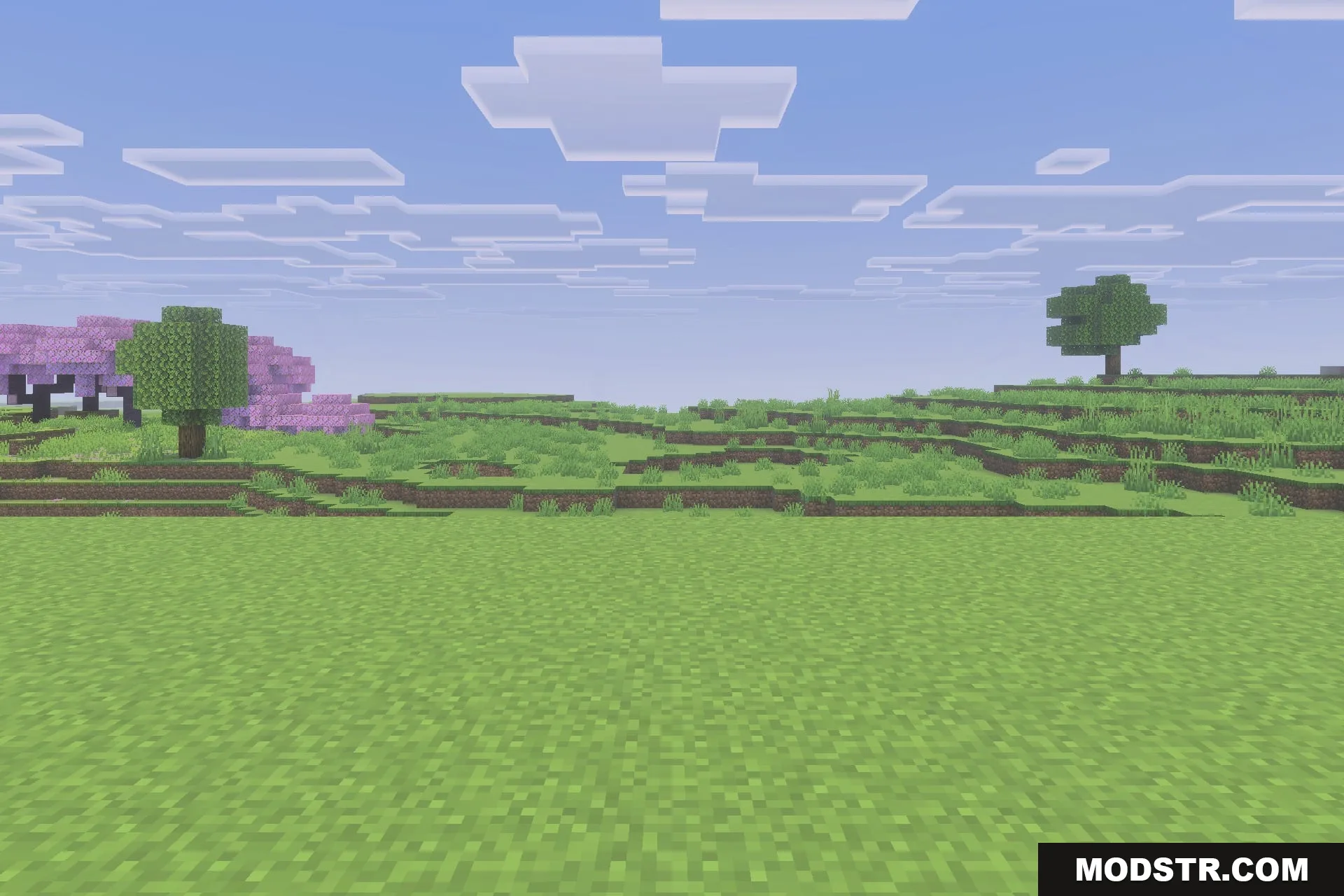 Simple Backpack Achievement Friendly No Lag Addon Screenshot 5 A peaceful Minecraft landscape featuring green grass and a pink cherry tree