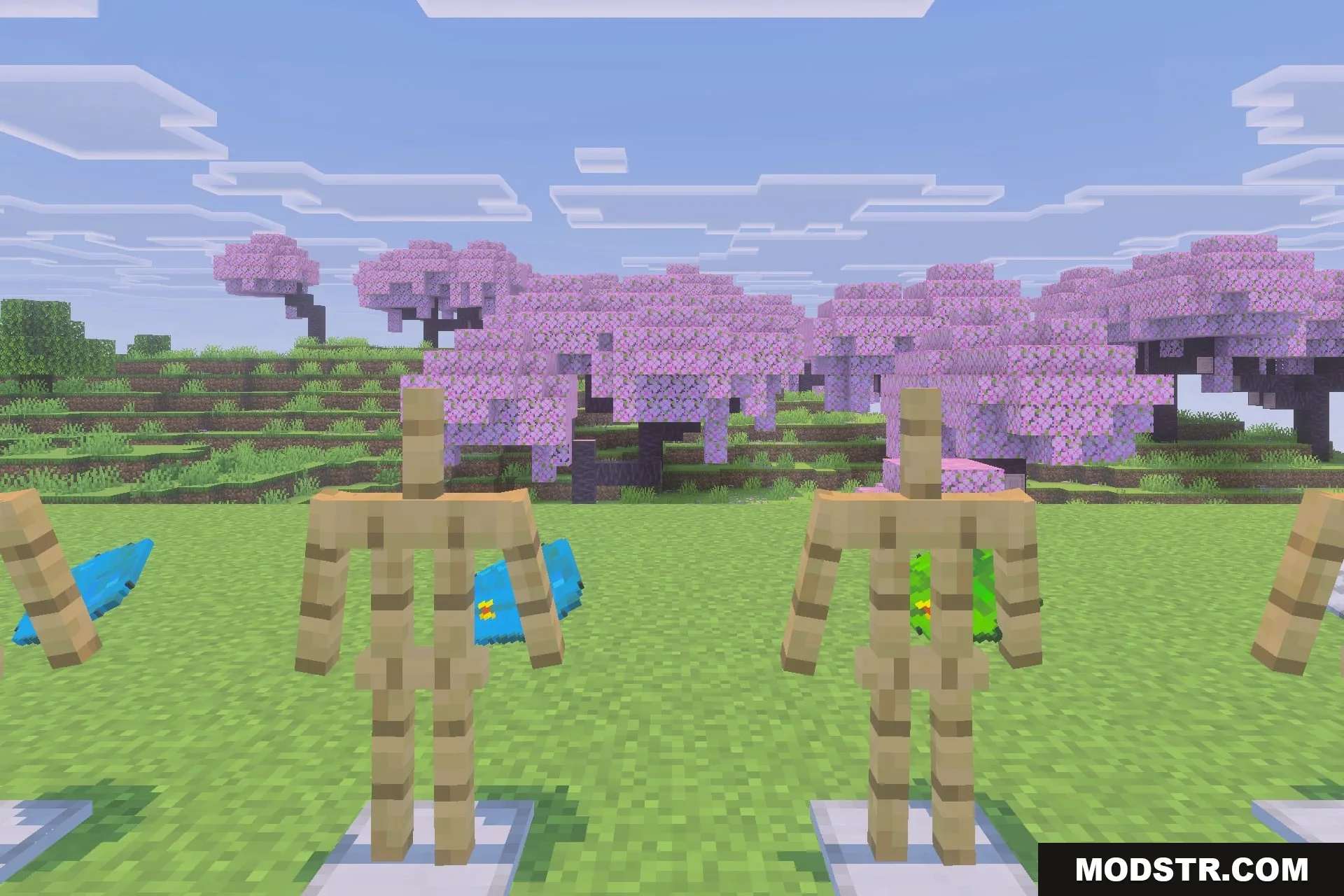 Simple Backpack Achievement Friendly No Lag Addon Screenshot 1 Armor stands wearing different colored backpacks in a pink cherry blossom forest