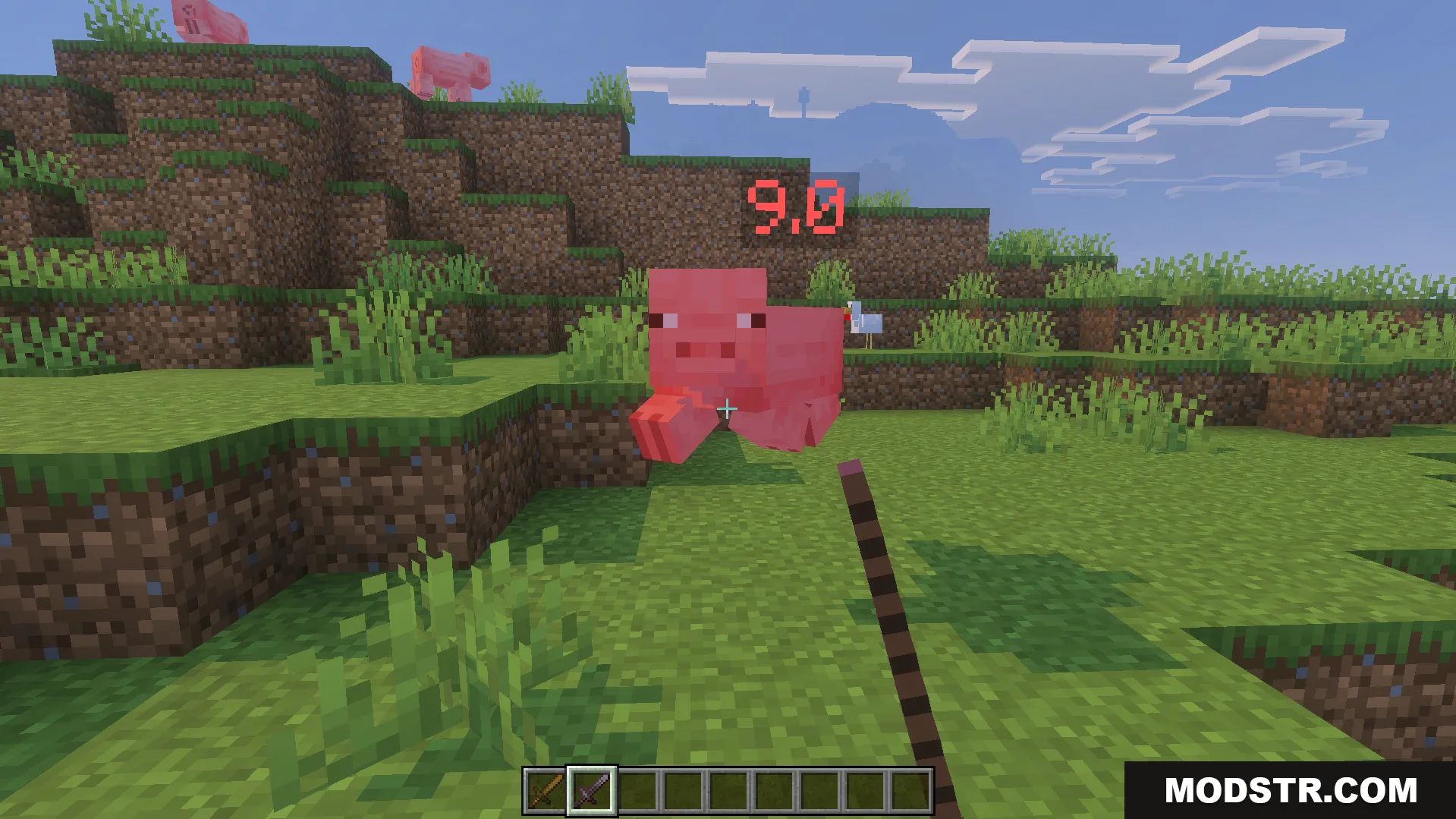 Simple Damage Indicator Addon Screenshot 4 Floating red numbers show nine damage dealt to a pig with sword