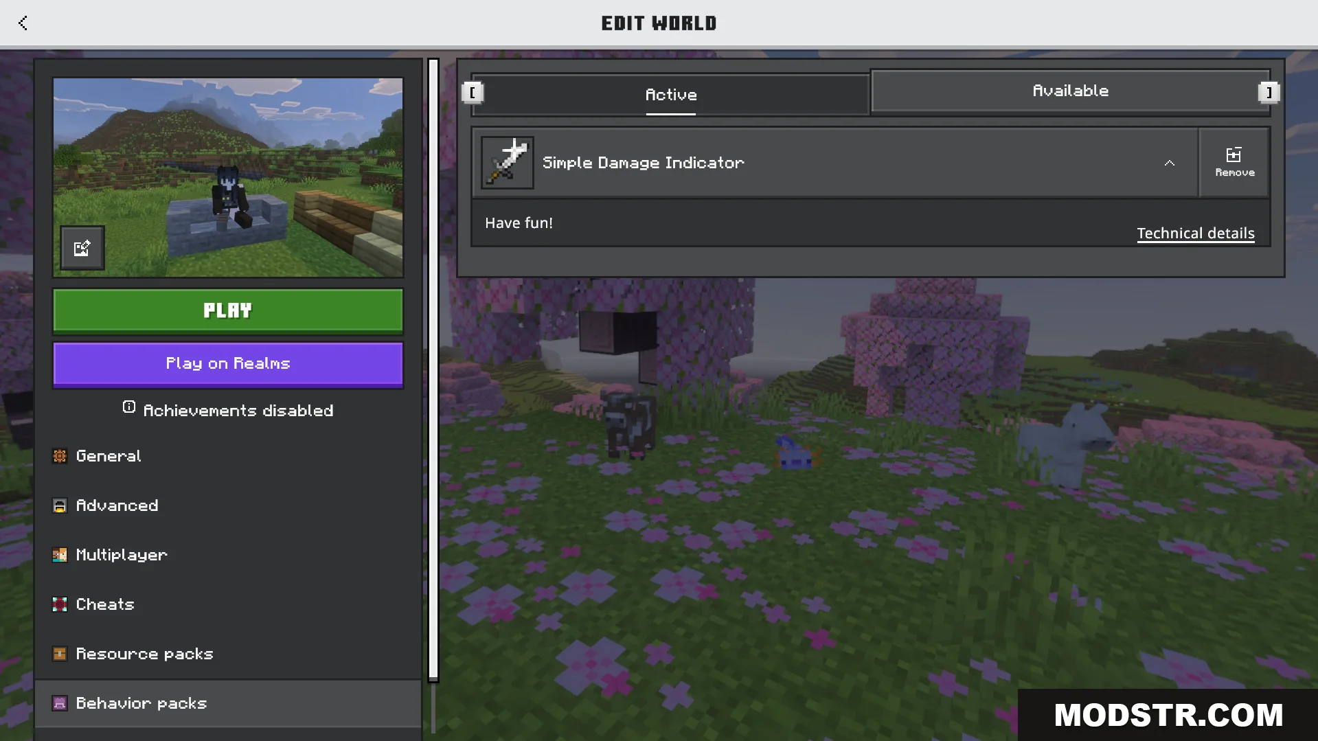 Simple Damage Indicator Addon Screenshot 1 Minecraft world settings menu showing the active Simple Damage Indicator addon