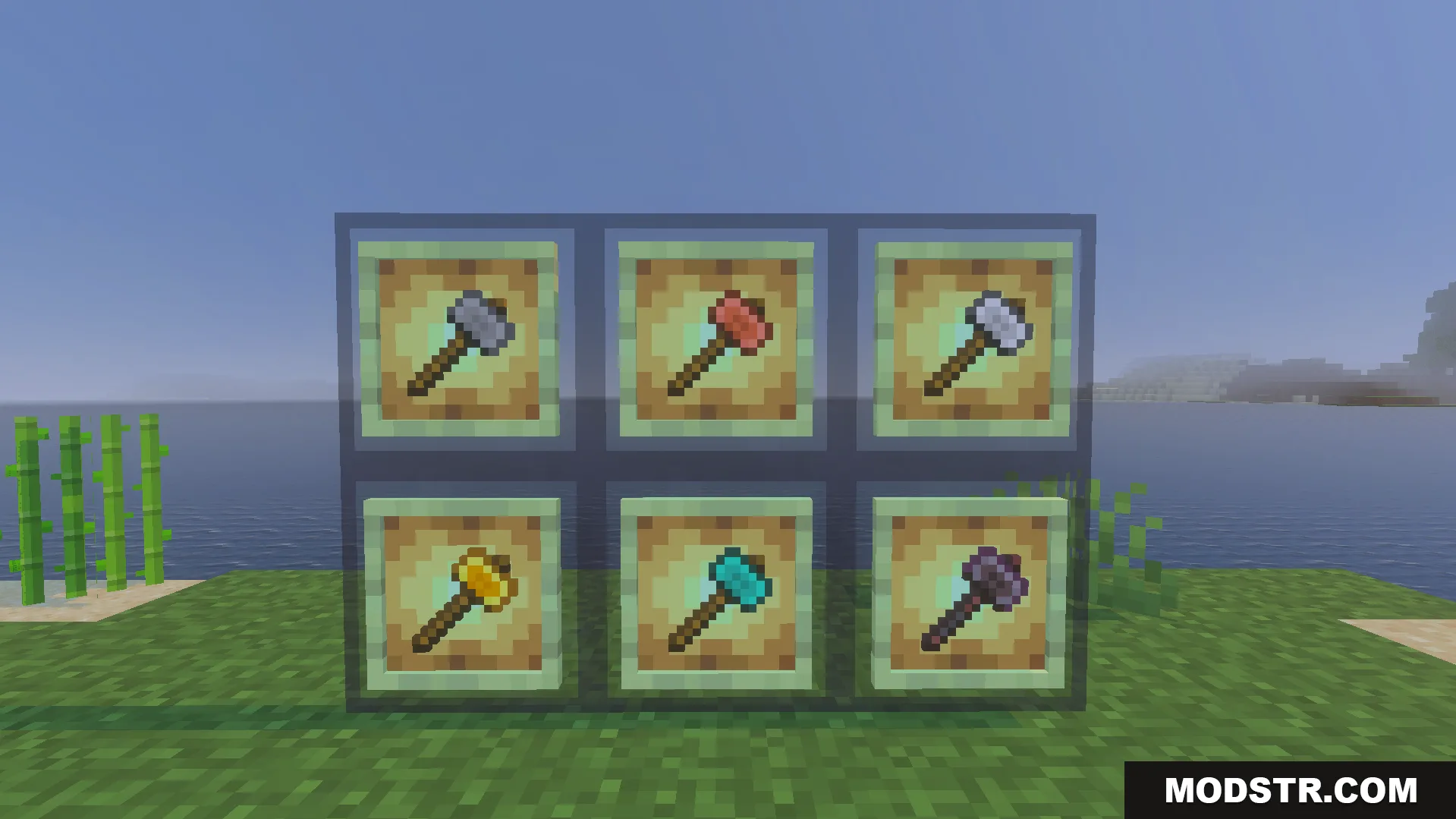 six new hammer types including copper and netherite displayed in item frames