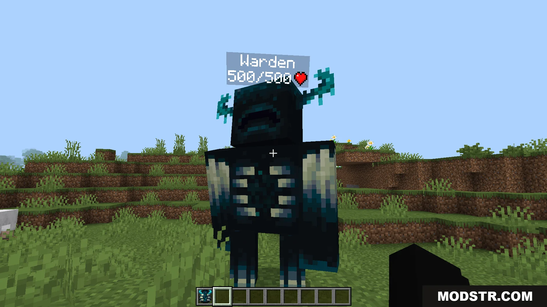 Simple Health Indicator Addon Screenshot 2 Floating text bar showing five hundred health points above a Warden mob