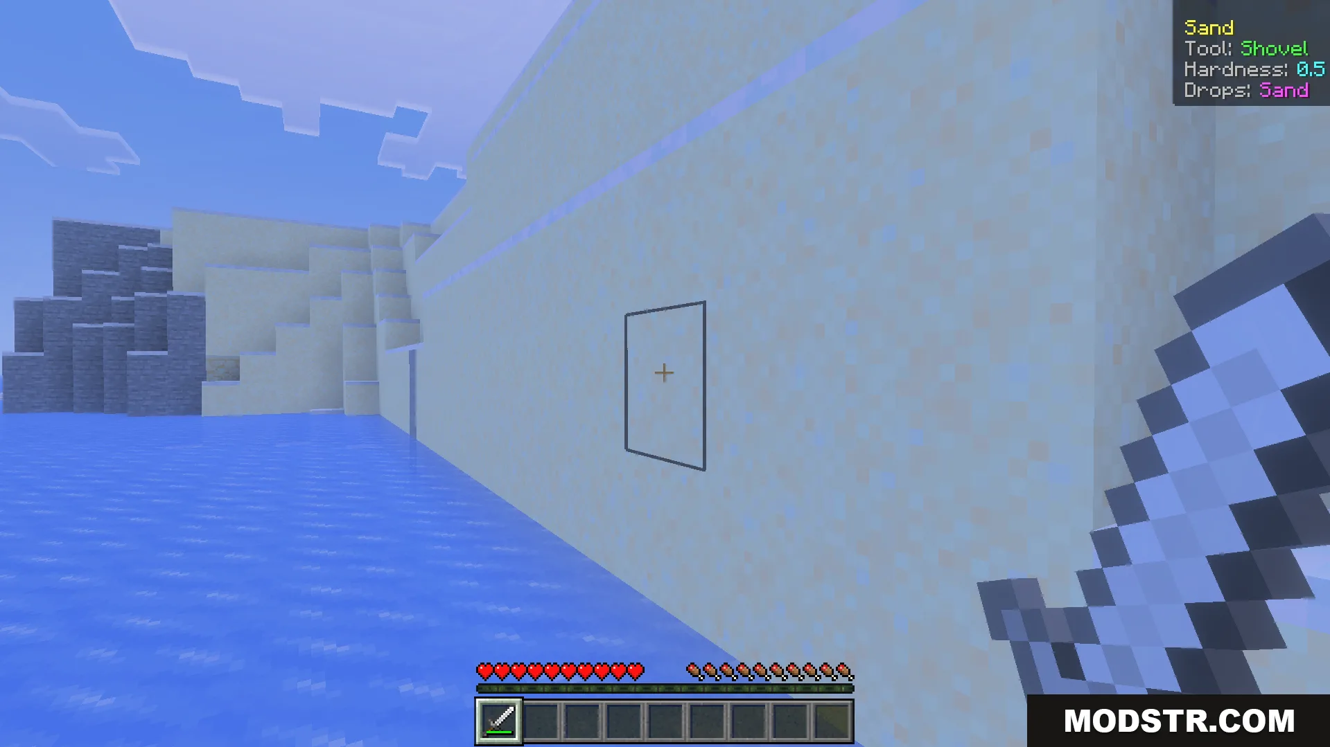 Simple What Am I Looking at Addon Screenshot 8 Screen display showing sand block hardness and required tool for mining in Minecraft
