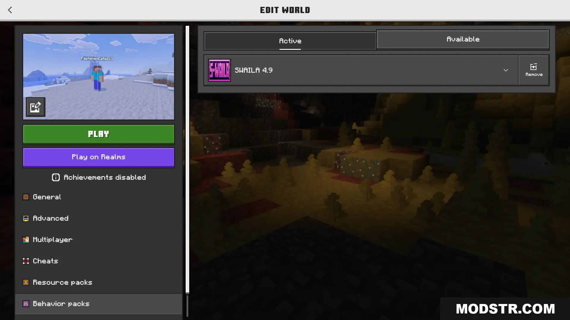 Simple What Am I Looking at Addon Screenshot 1 Minecraft world edit menu showing the SWAILA behavior pack is currently active