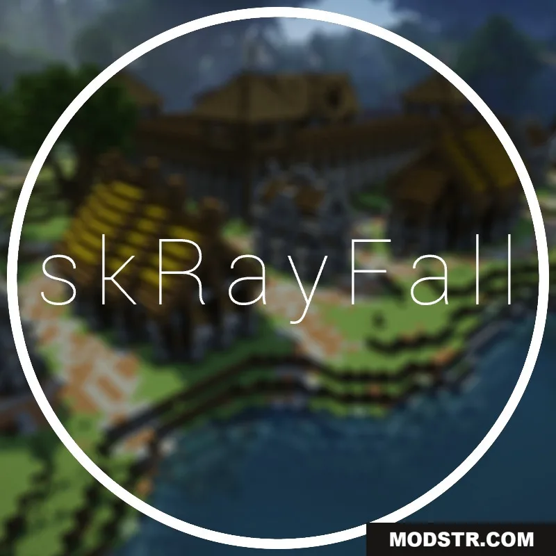 Sk Ray Fall Plugin Screenshot 1 skRayFall logo showing a blurred Minecraft village scene inside a white circular frame